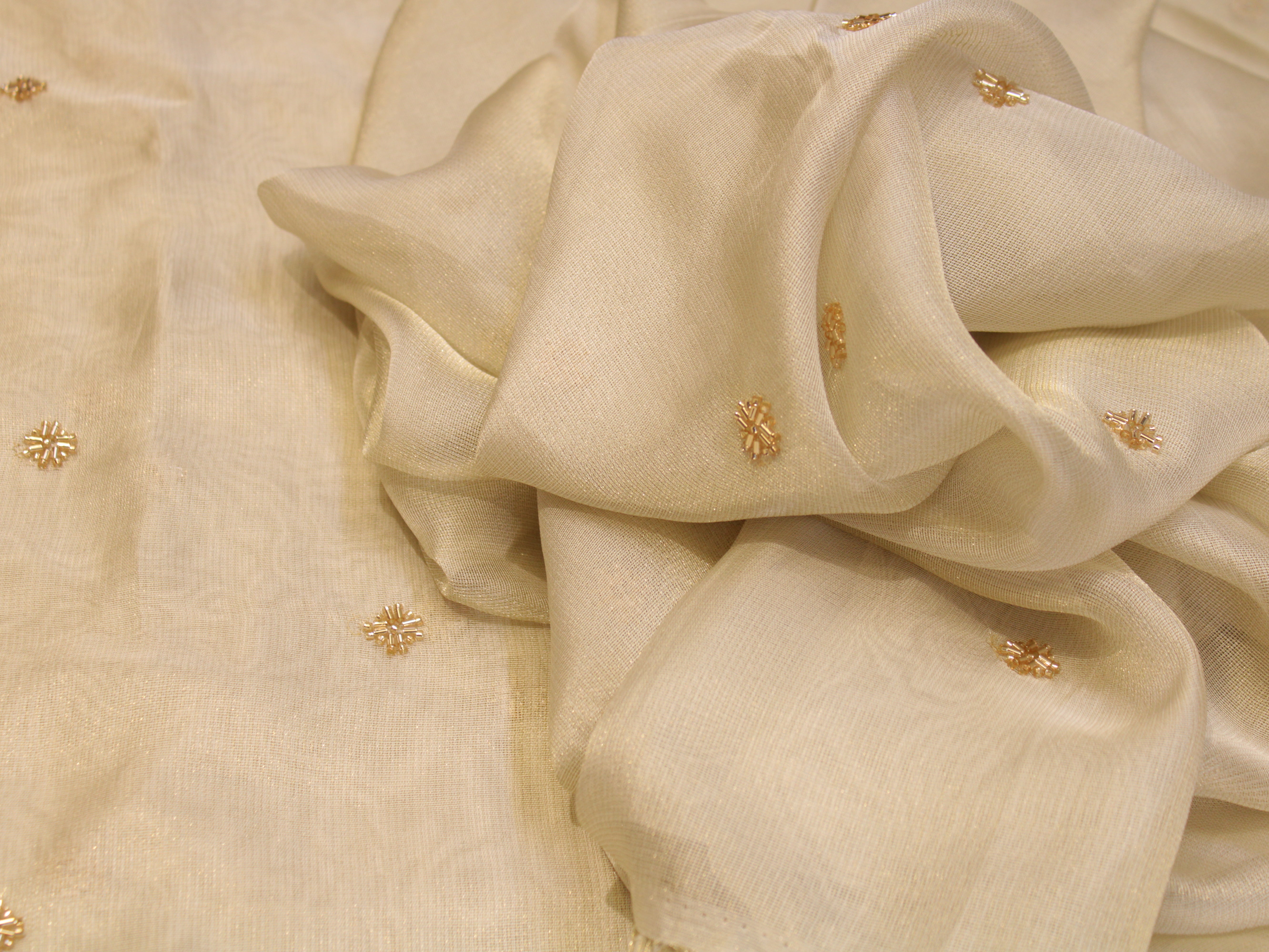 Beads Work Metallic Tissue Fabric with Jute Texture