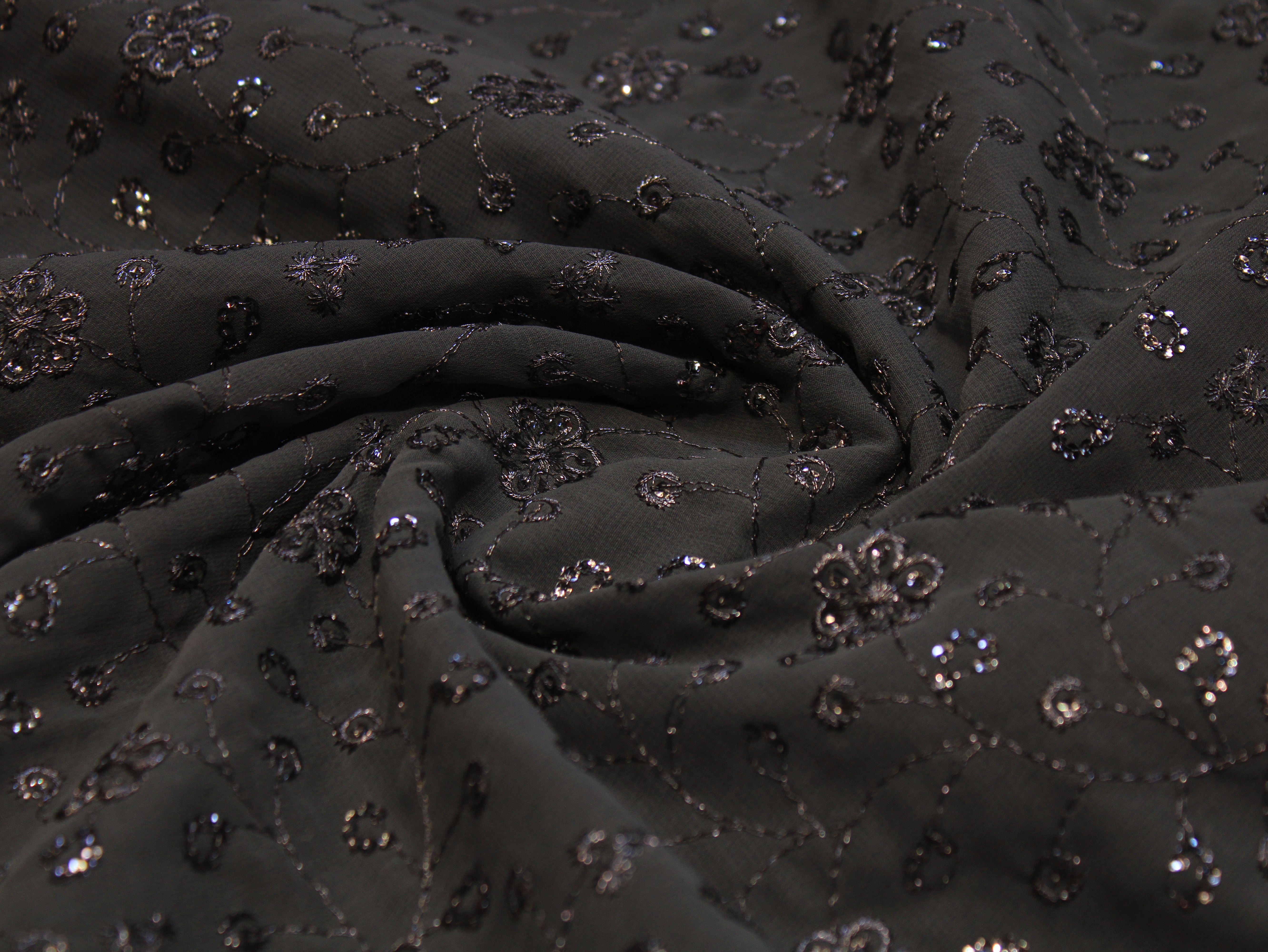 Dark Grey Georgette Sequin Work Fabric