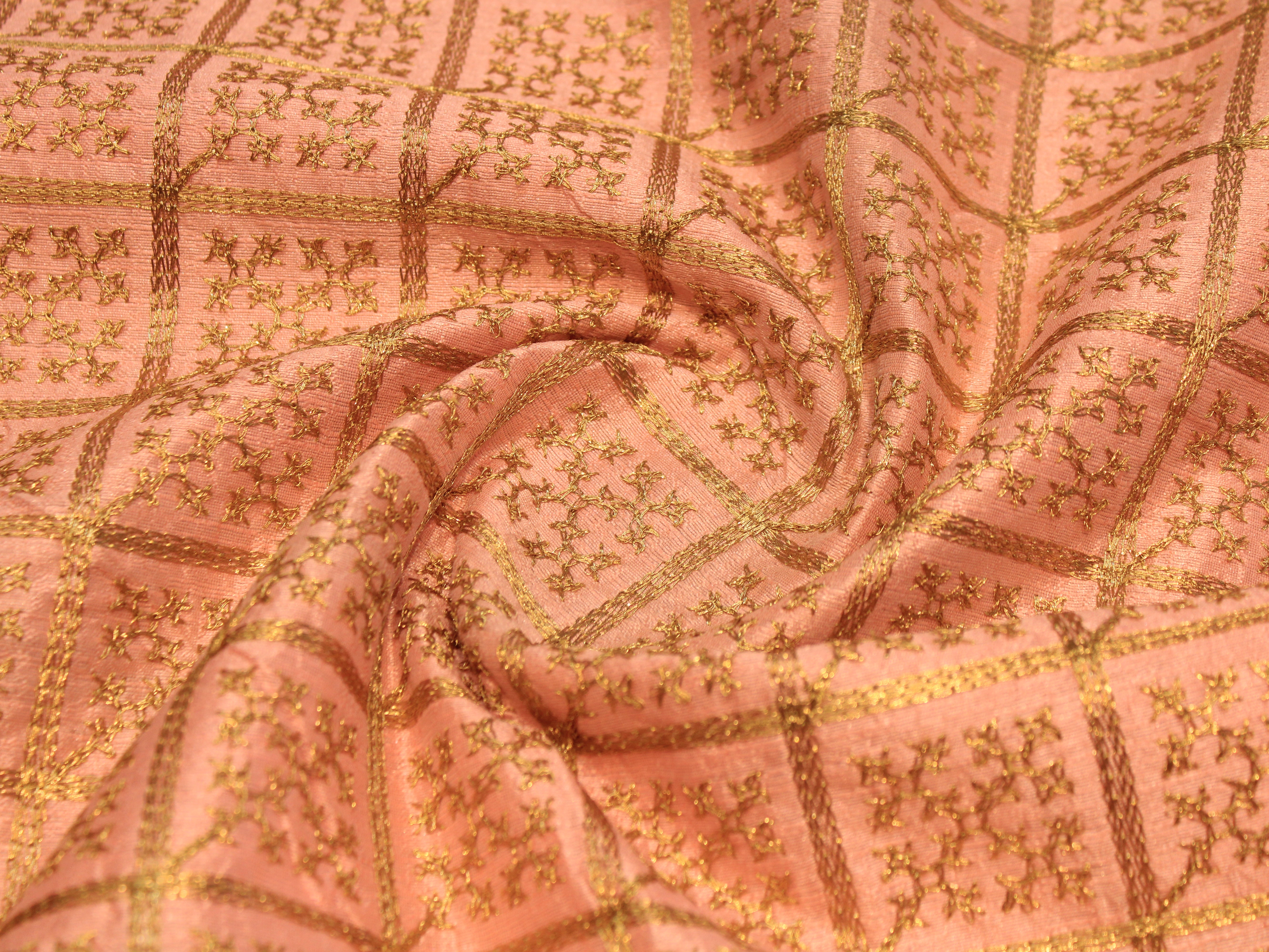 Peach Dupion Silk Fabric with Golden Zari Work