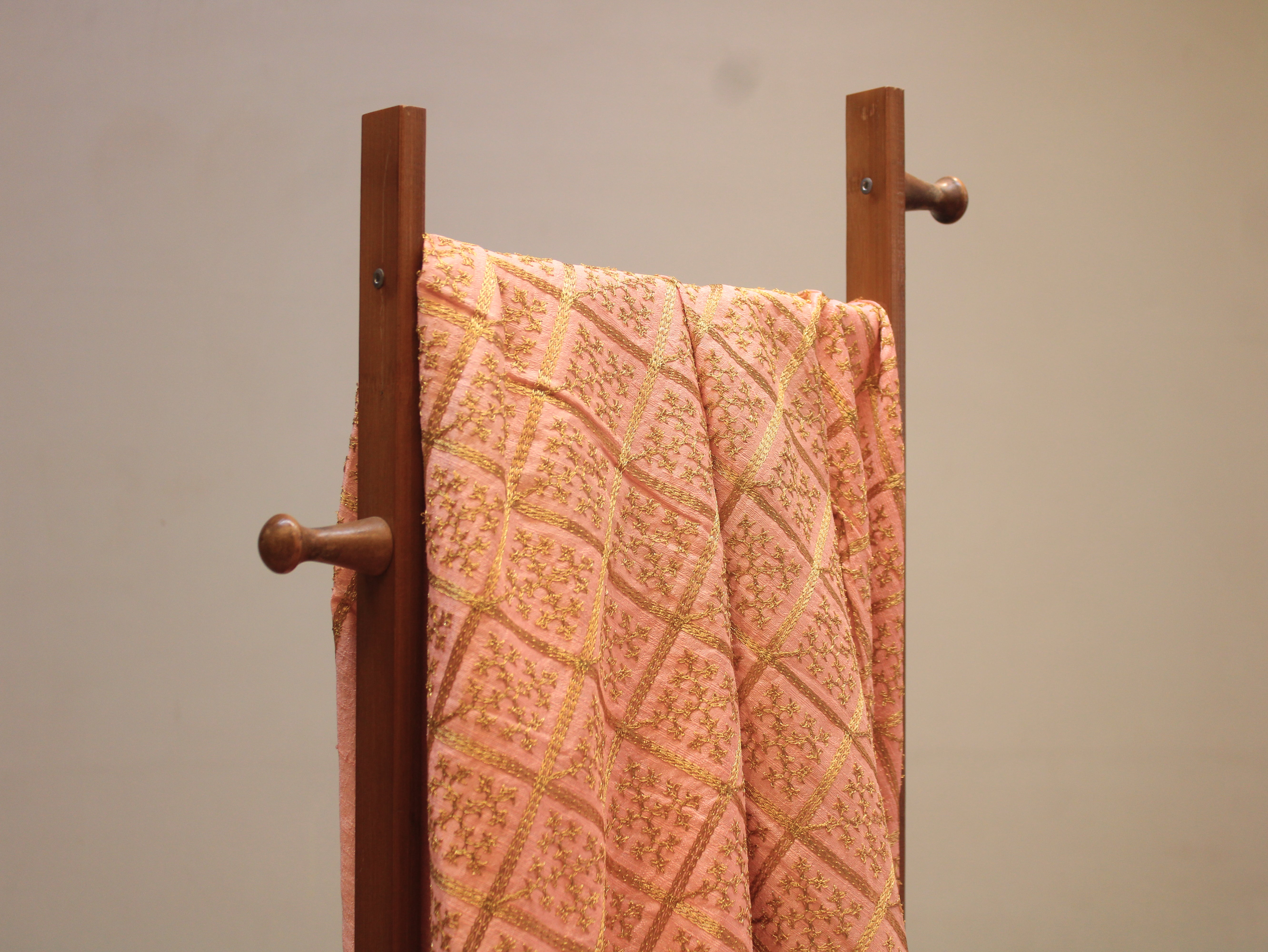 Peach Dupion Silk Fabric with Golden Zari Work