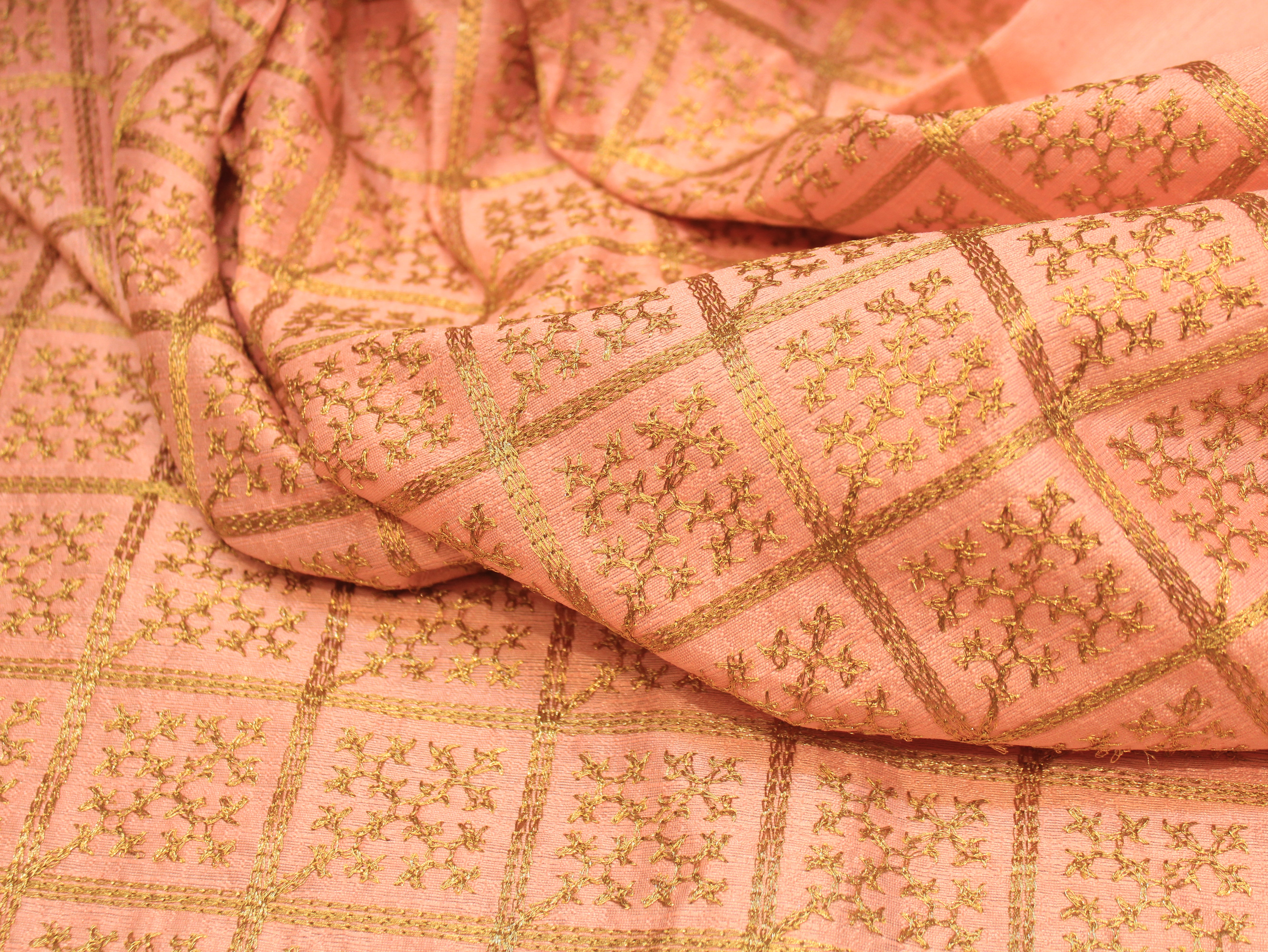 Peach Dupion Silk Fabric with Golden Zari Work