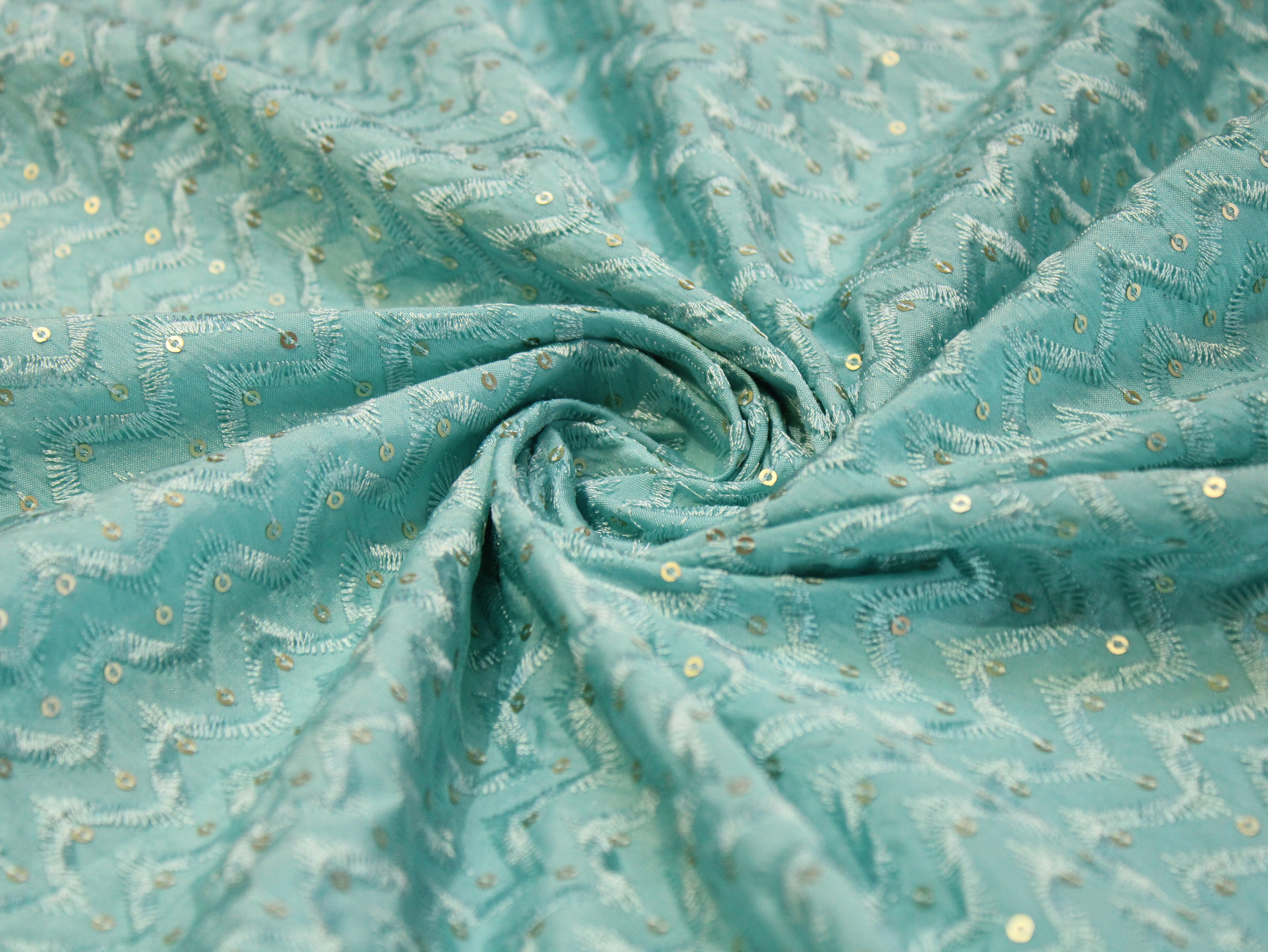 Roman Silk Thread & Sequin Embroidered Fabric - Light Blue