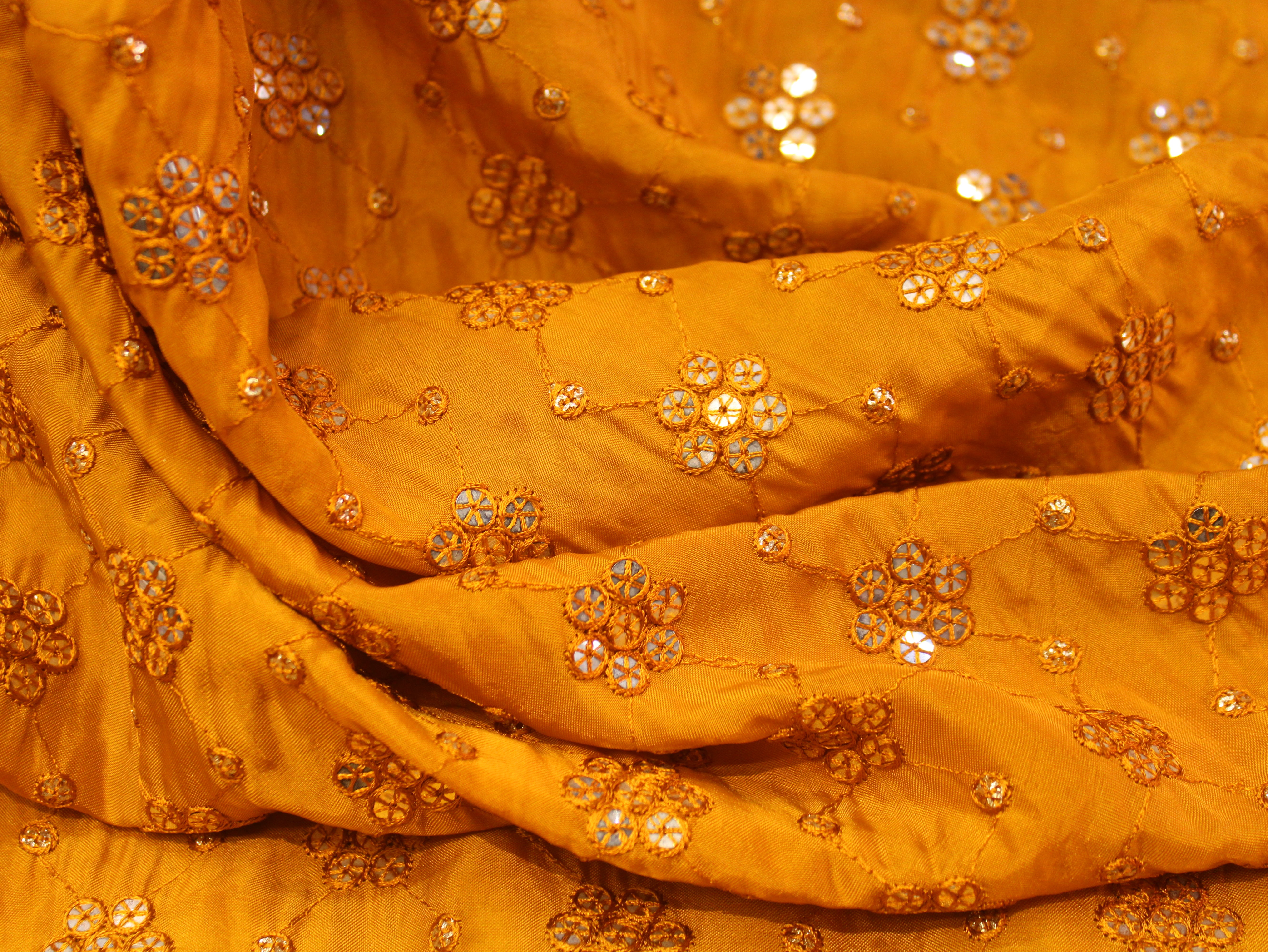 Upada Silk Thread & Mirror Work Fabric - Mustard Yellow