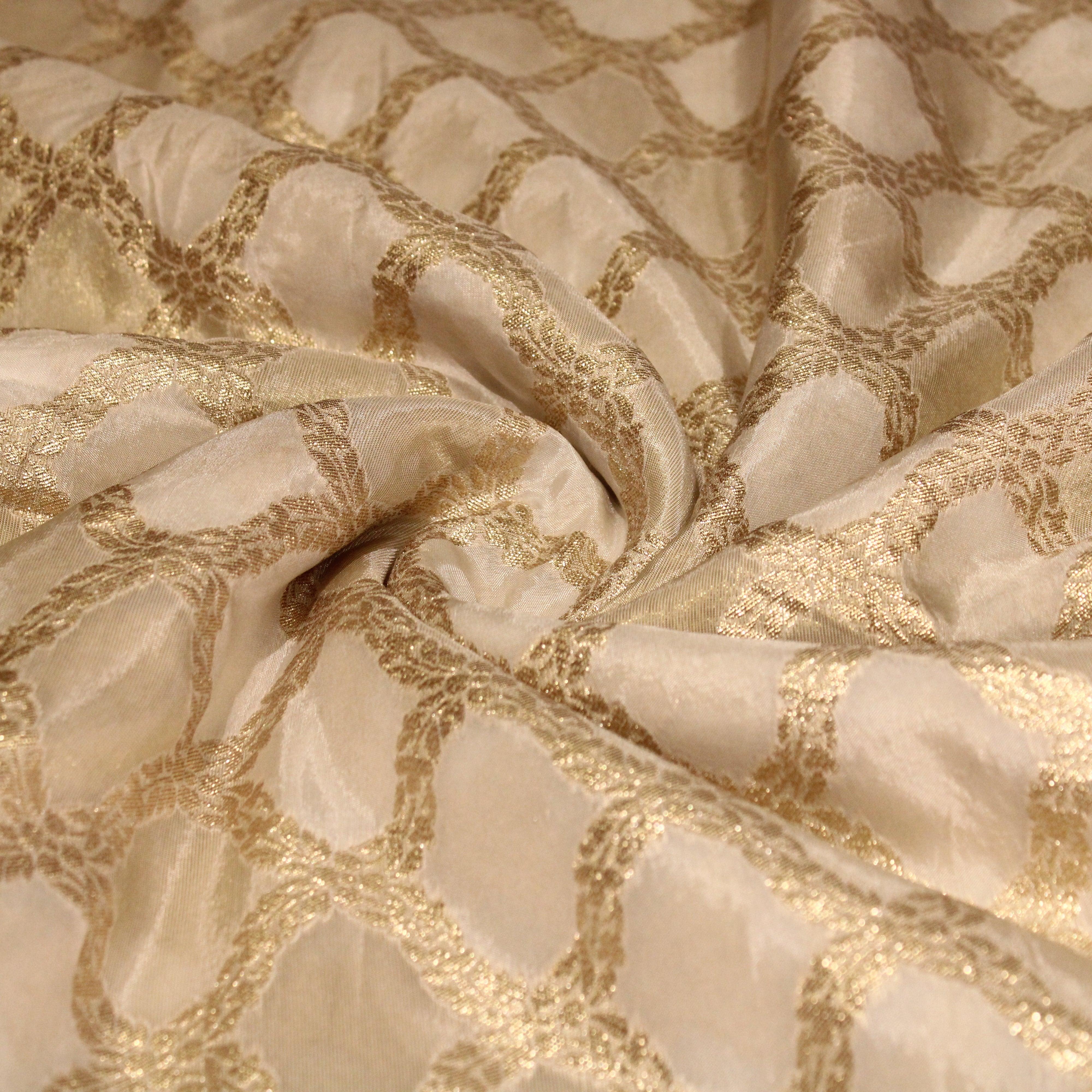 Ivory Elegance: Premium Banarasi Woven Dola Silk Fabric - Dyeable