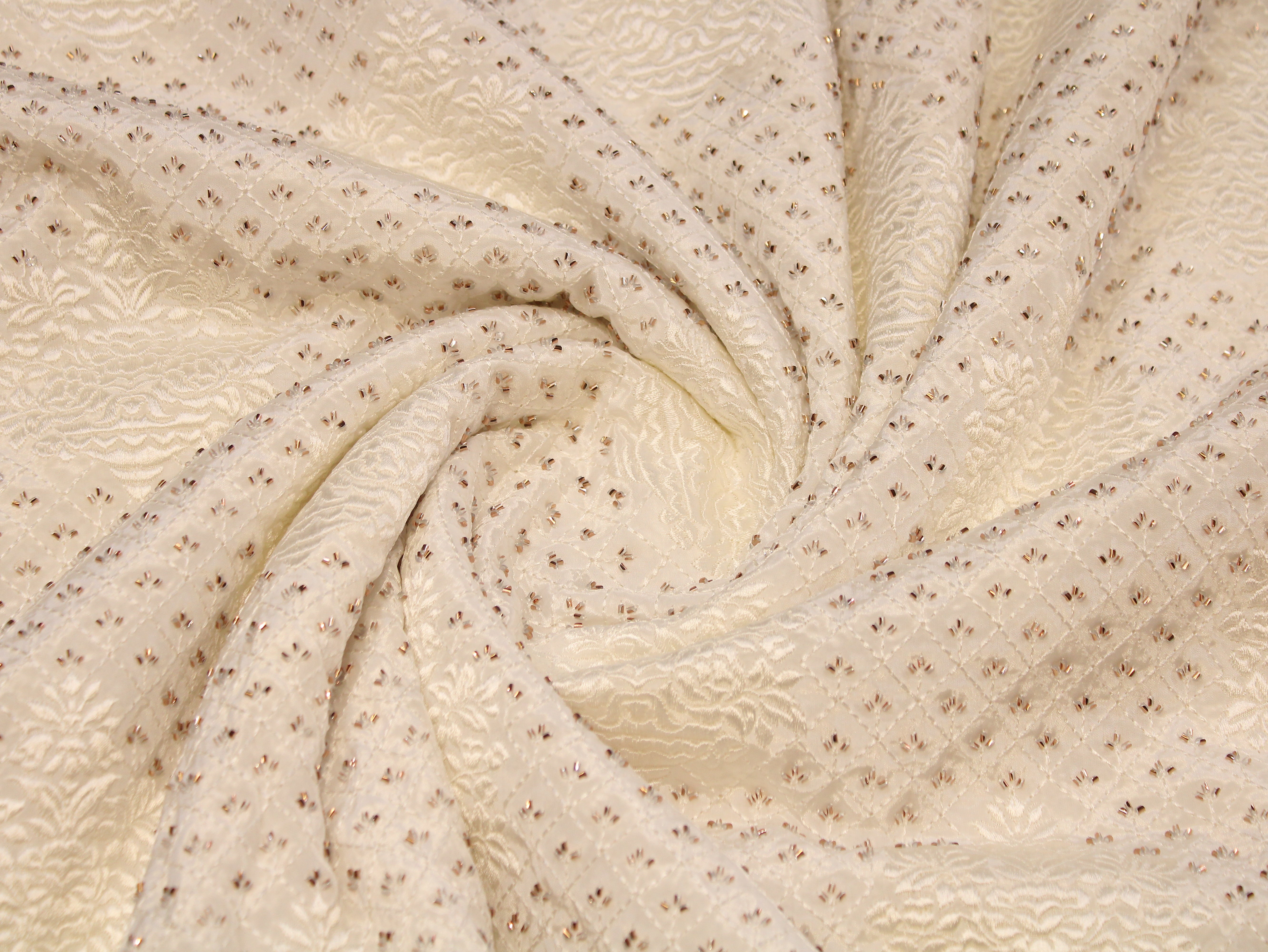 Natural Crepe Dyeable Fabric with Micro Semi-Beads & Embossed Thread Embroidery