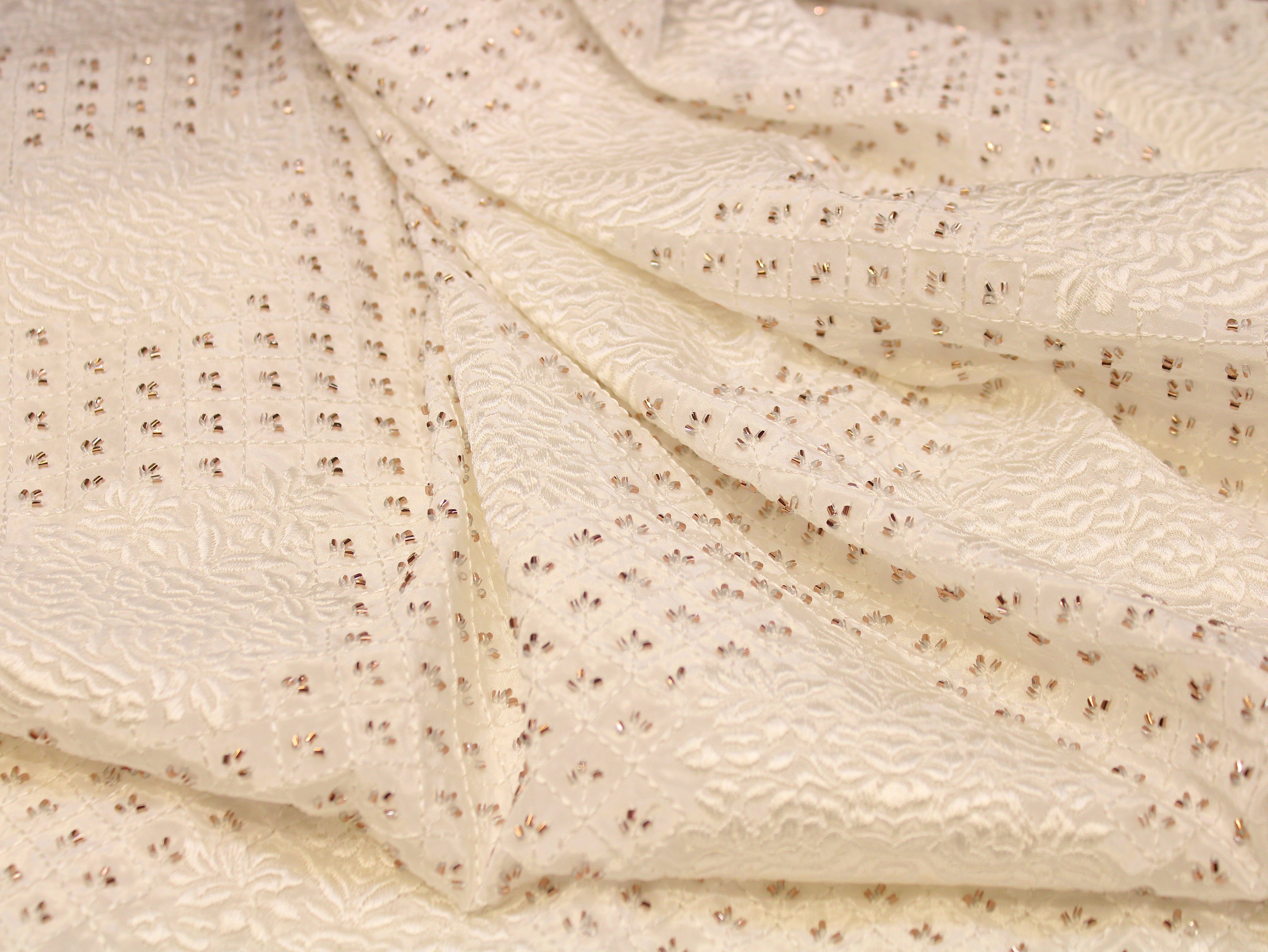 Natural Crepe Dyeable Fabric with Micro Semi-Beads & Embossed Thread Embroidery