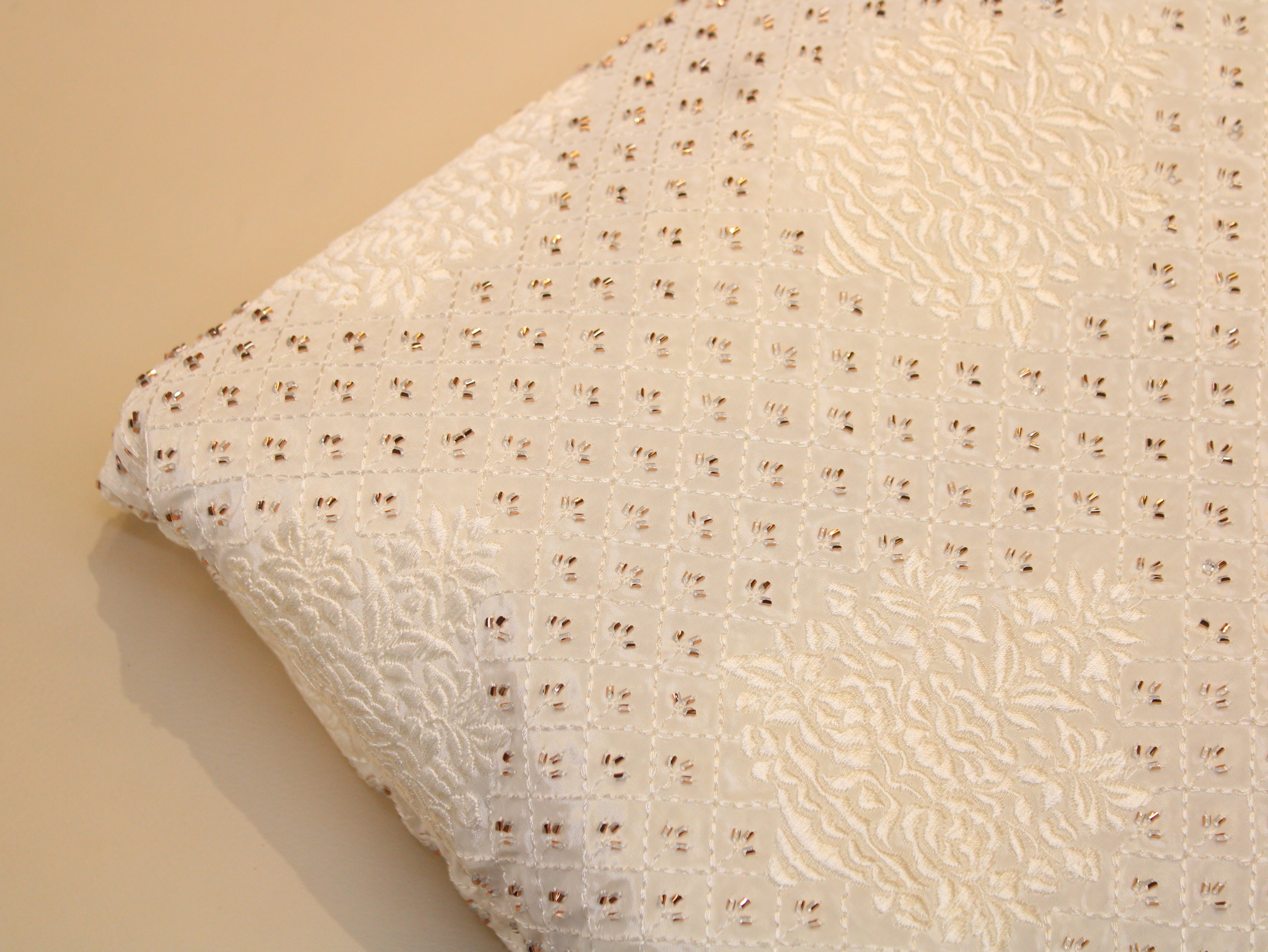 Natural Crepe Dyeable Fabric with Micro Semi-Beads & Embossed Thread Embroidery