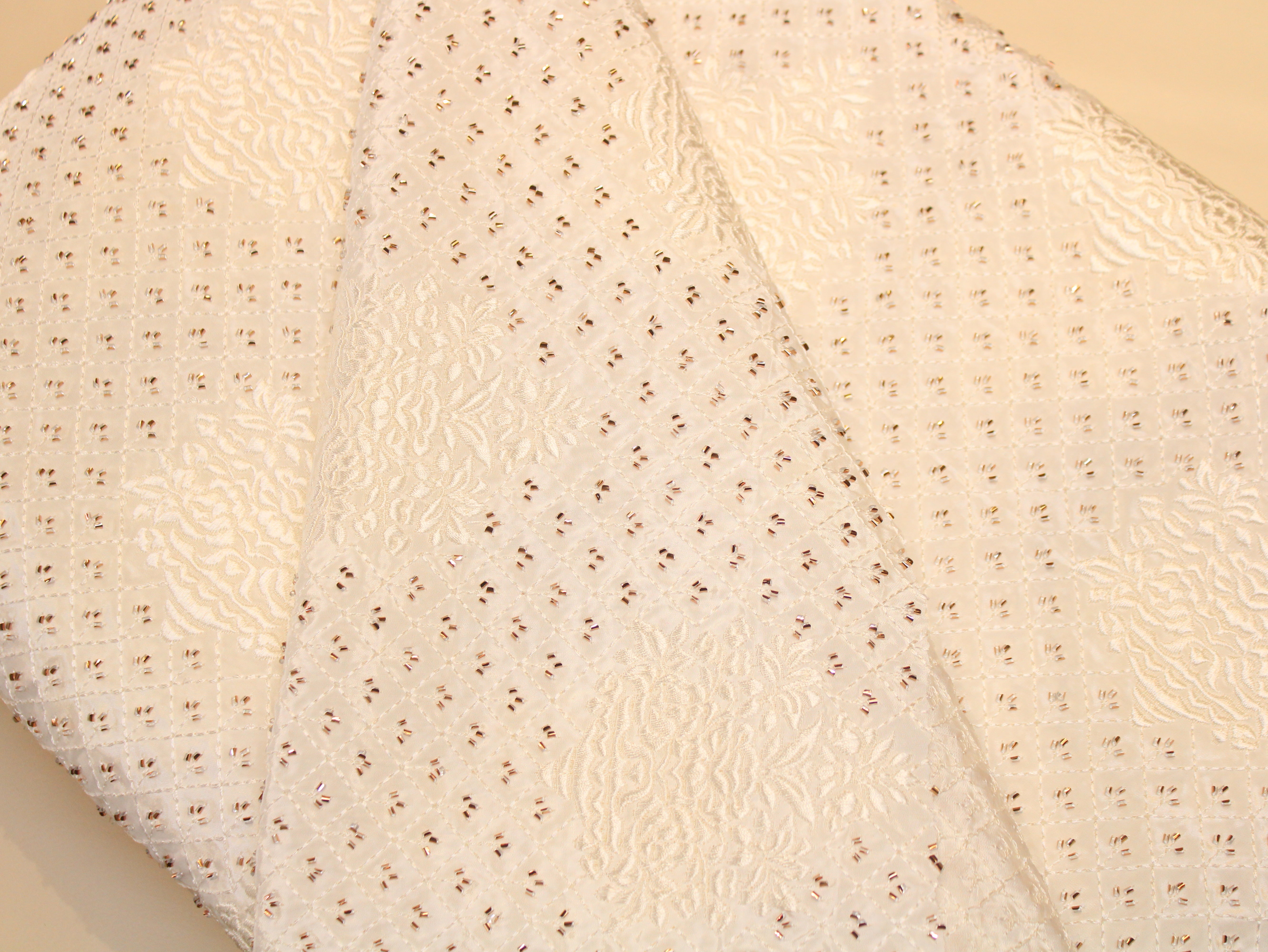 Natural Crepe Dyeable Fabric with Micro Semi-Beads & Embossed Thread Embroidery