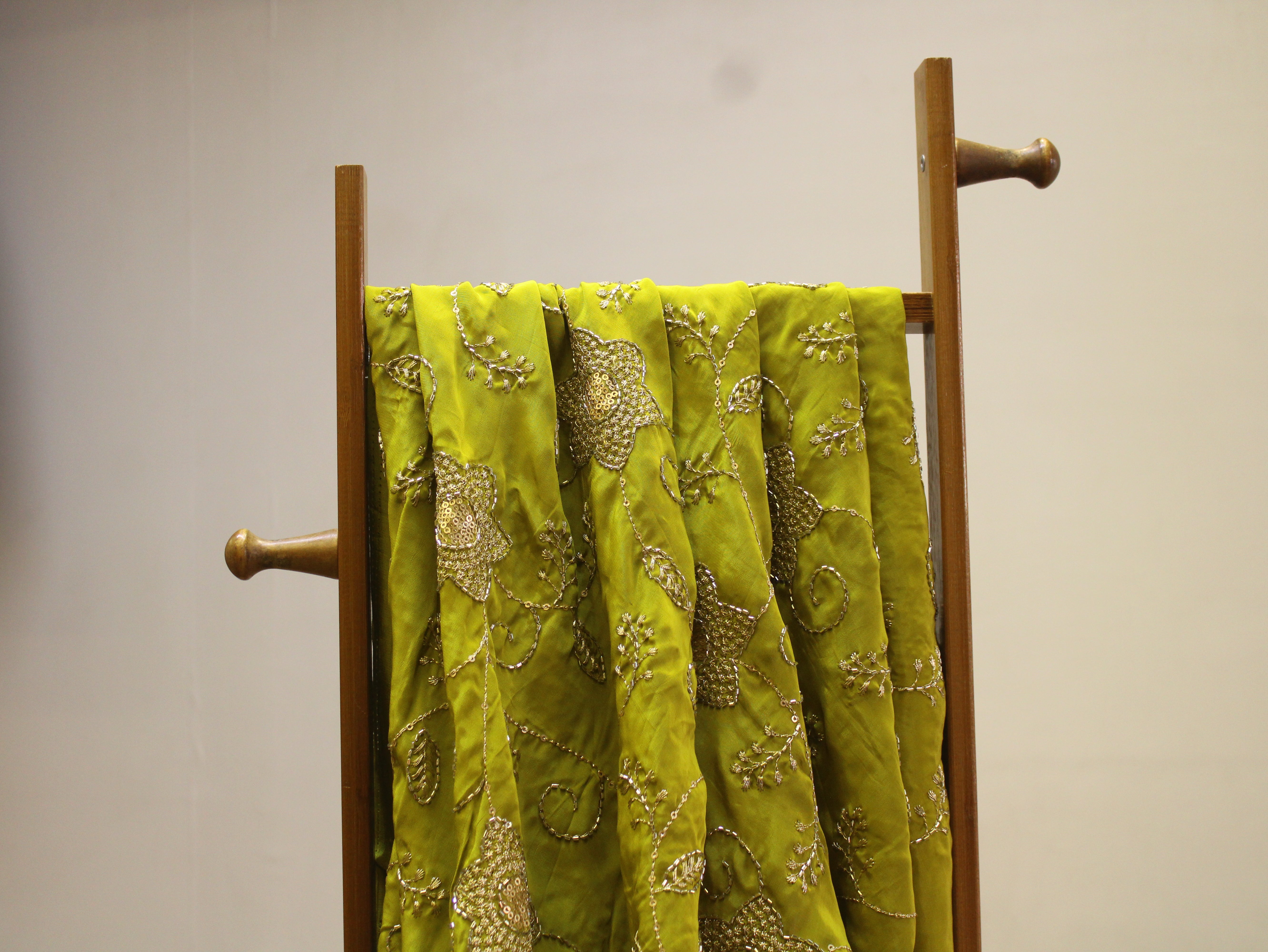 Natural Crepe Fabric with Semi Beads, Zari & Sequin Floral Work - Lime Green