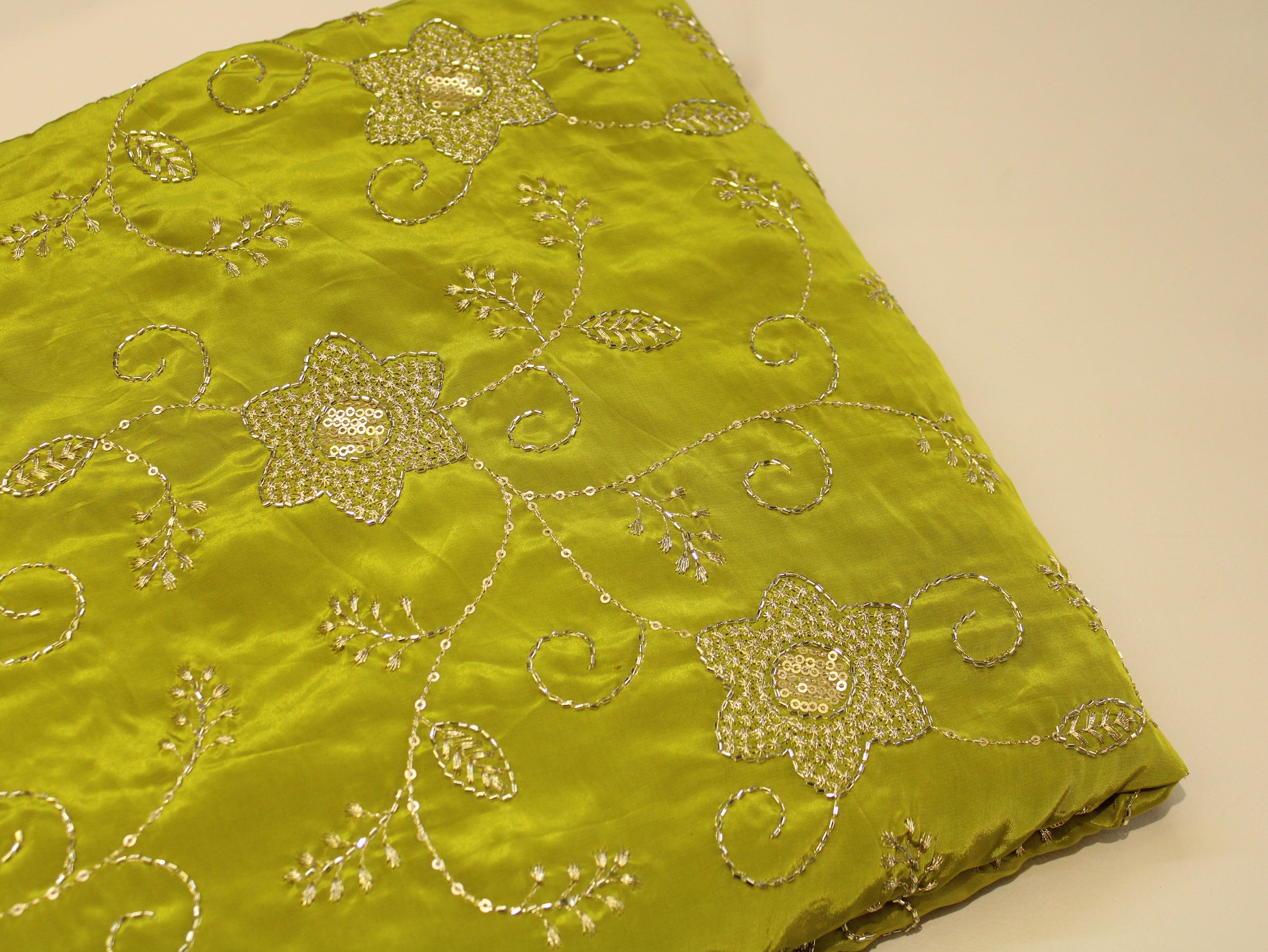 Natural Crepe Fabric with Semi Beads, Zari & Sequin Floral Work - Lime Green