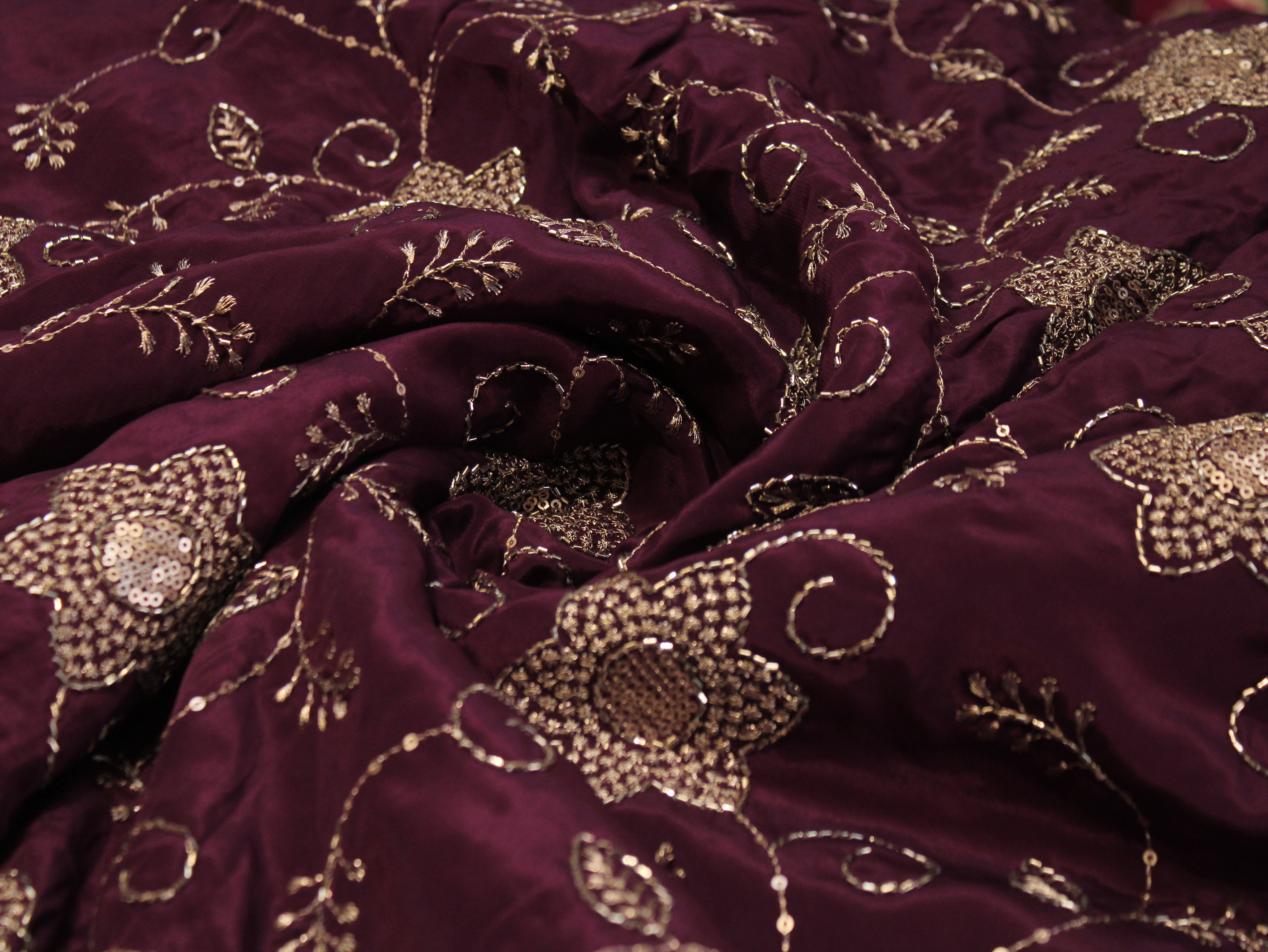 Natural Crepe Fabric with Semi Beads, Zari & Sequin Floral Work - Wine