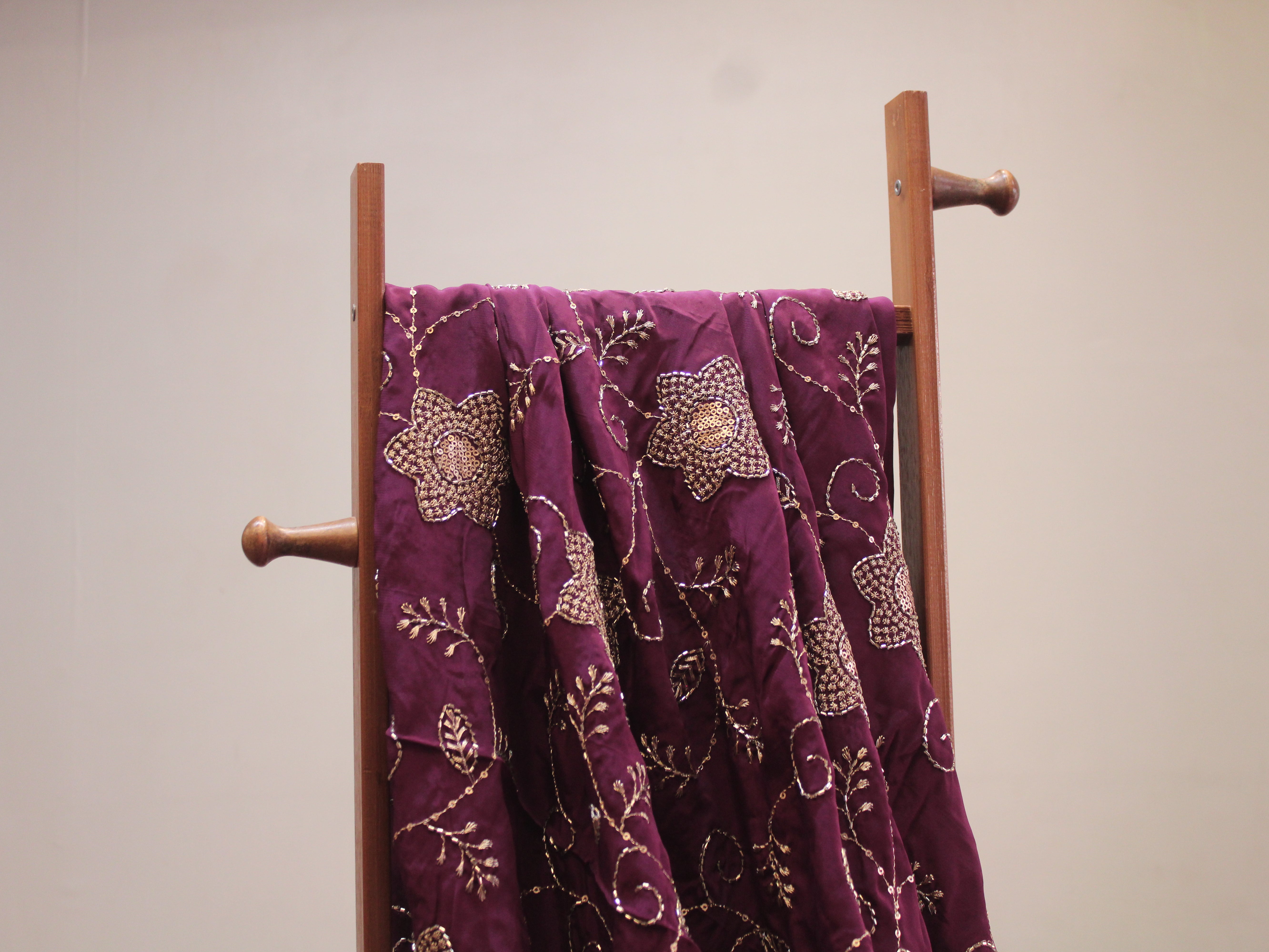 Natural Crepe Fabric with Semi Beads, Zari & Sequin Floral Work - Wine