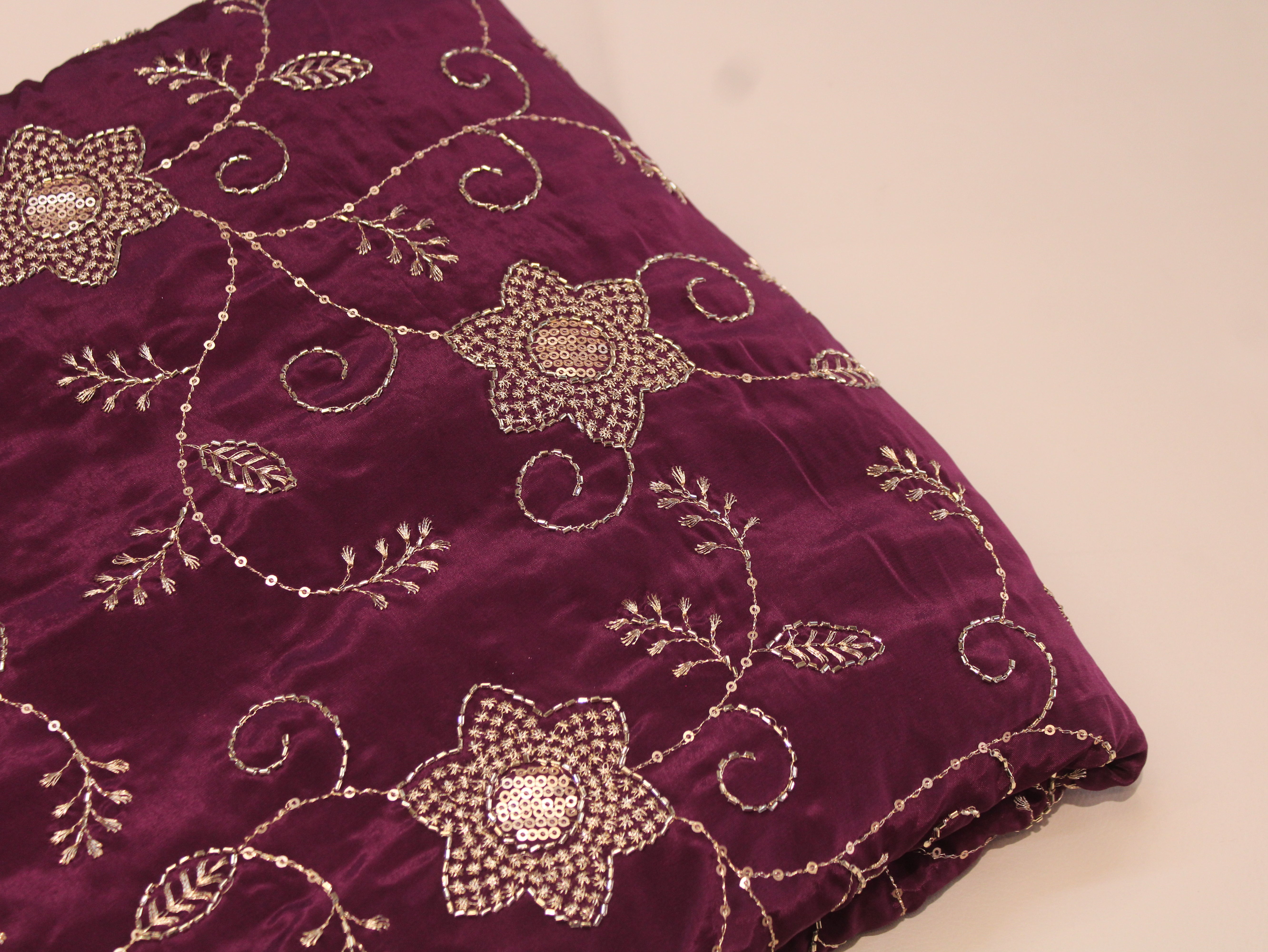 Natural Crepe Fabric with Semi Beads, Zari & Sequin Floral Work - Wine