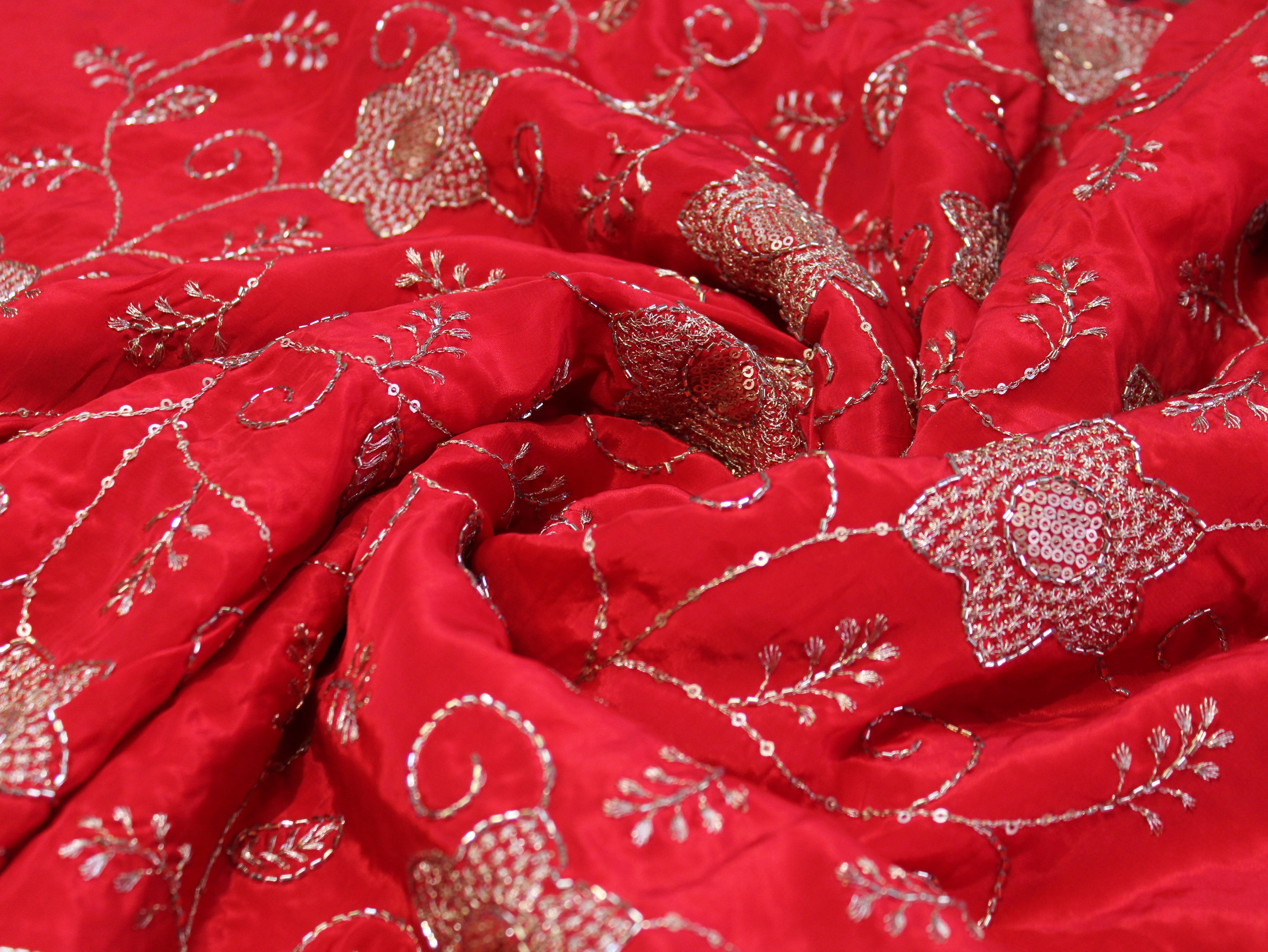 Natural Crepe Fabric with Semi Beads, Zari & Sequin Floral Work - Red