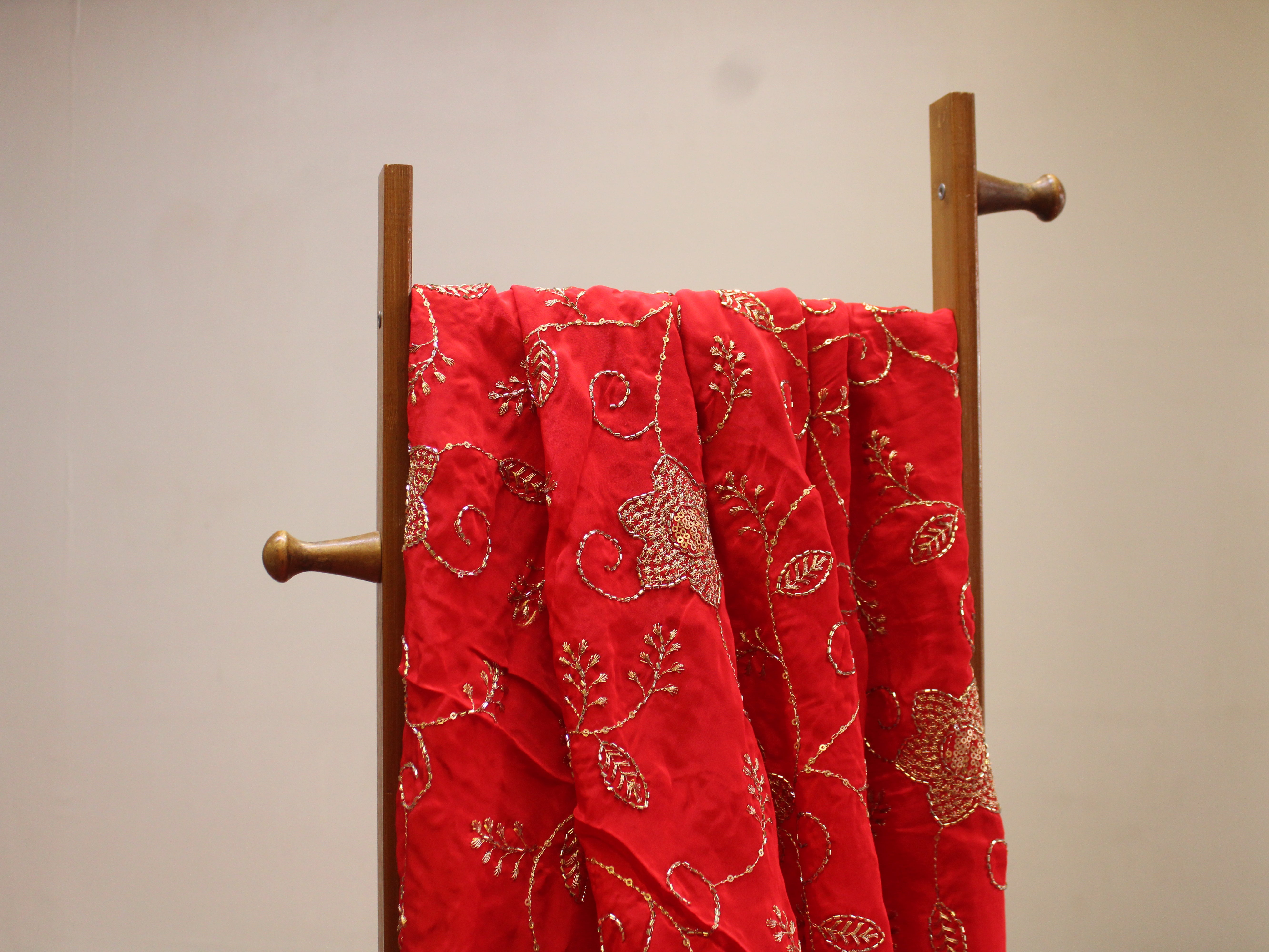 Natural Crepe Fabric with Semi Beads, Zari & Sequin Floral Work - Red