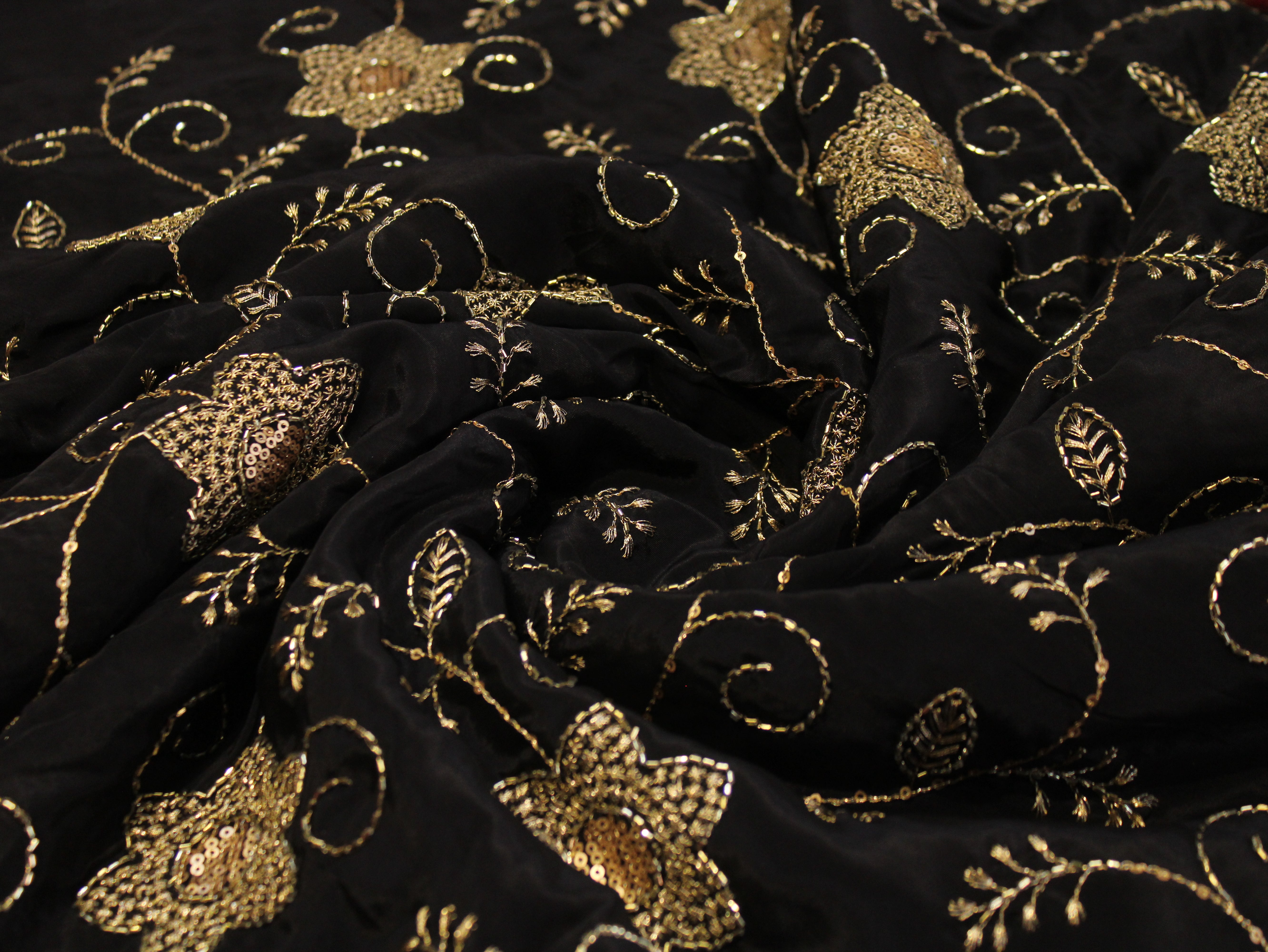 Natural Crepe Fabric with Semi Beads, Zari & Sequin Floral Work - Black