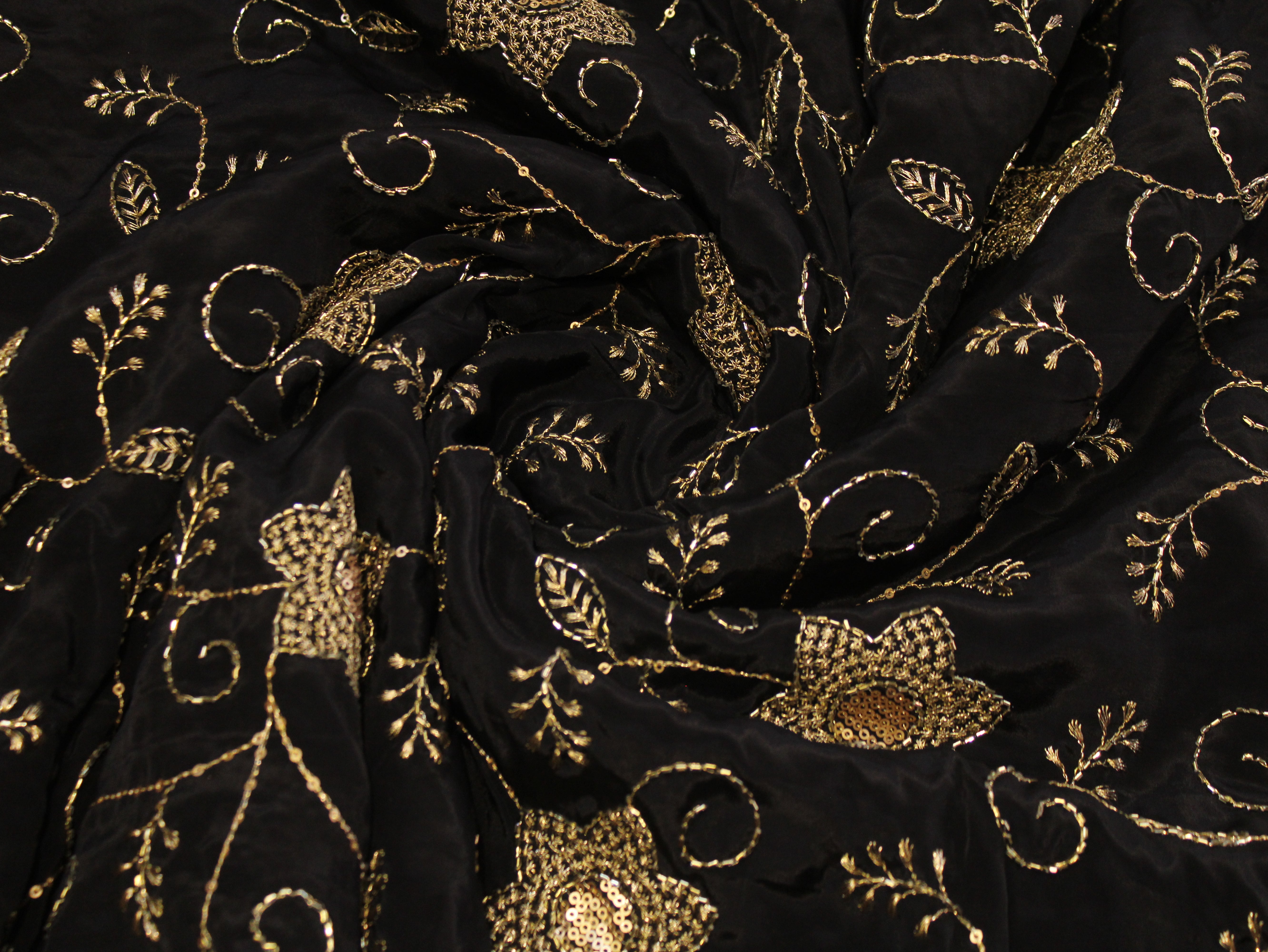 Natural Crepe Fabric with Semi Beads, Zari & Sequin Floral Work - Black