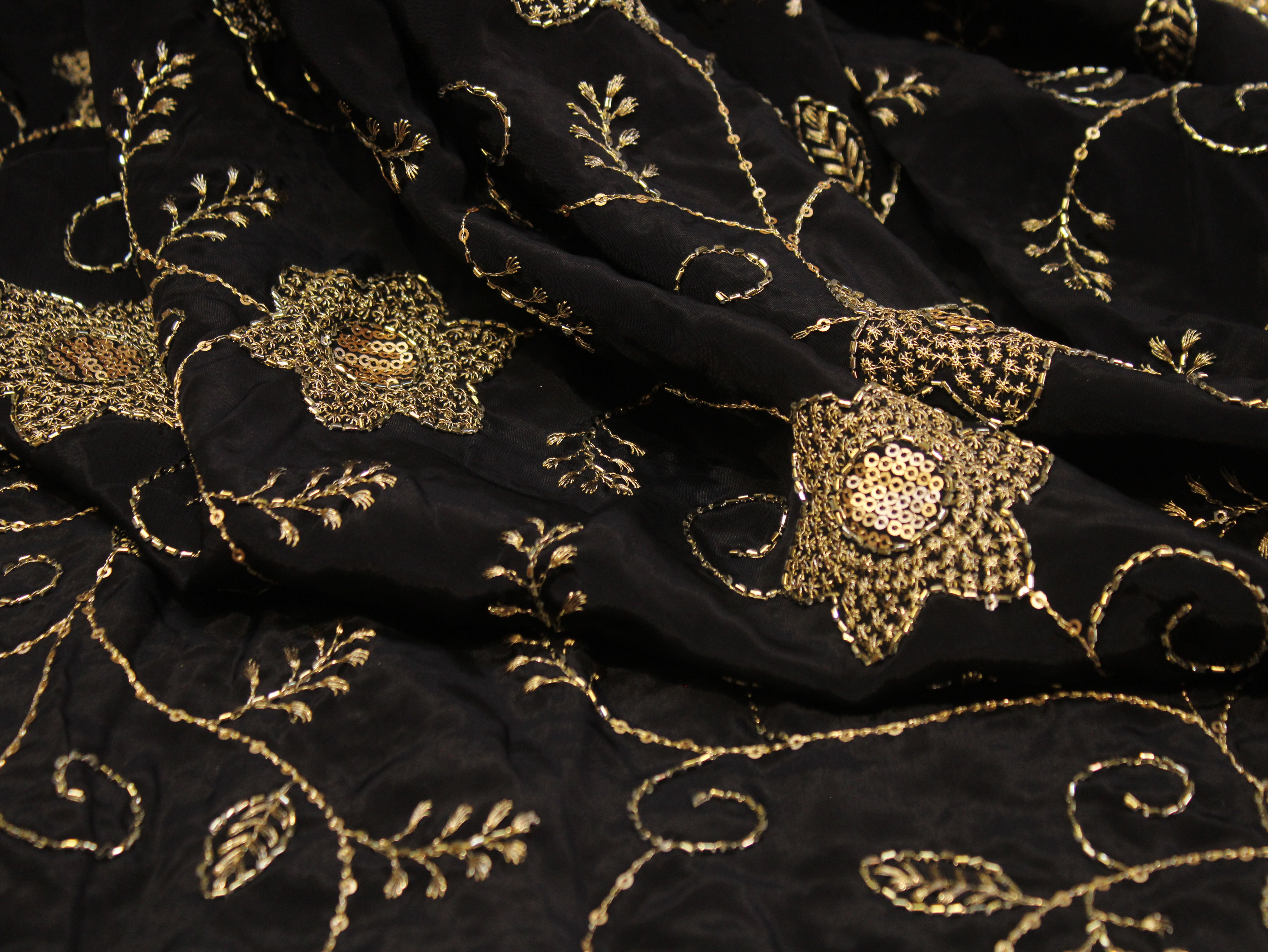 Natural Crepe Fabric with Semi Beads, Zari & Sequin Floral Work - Black