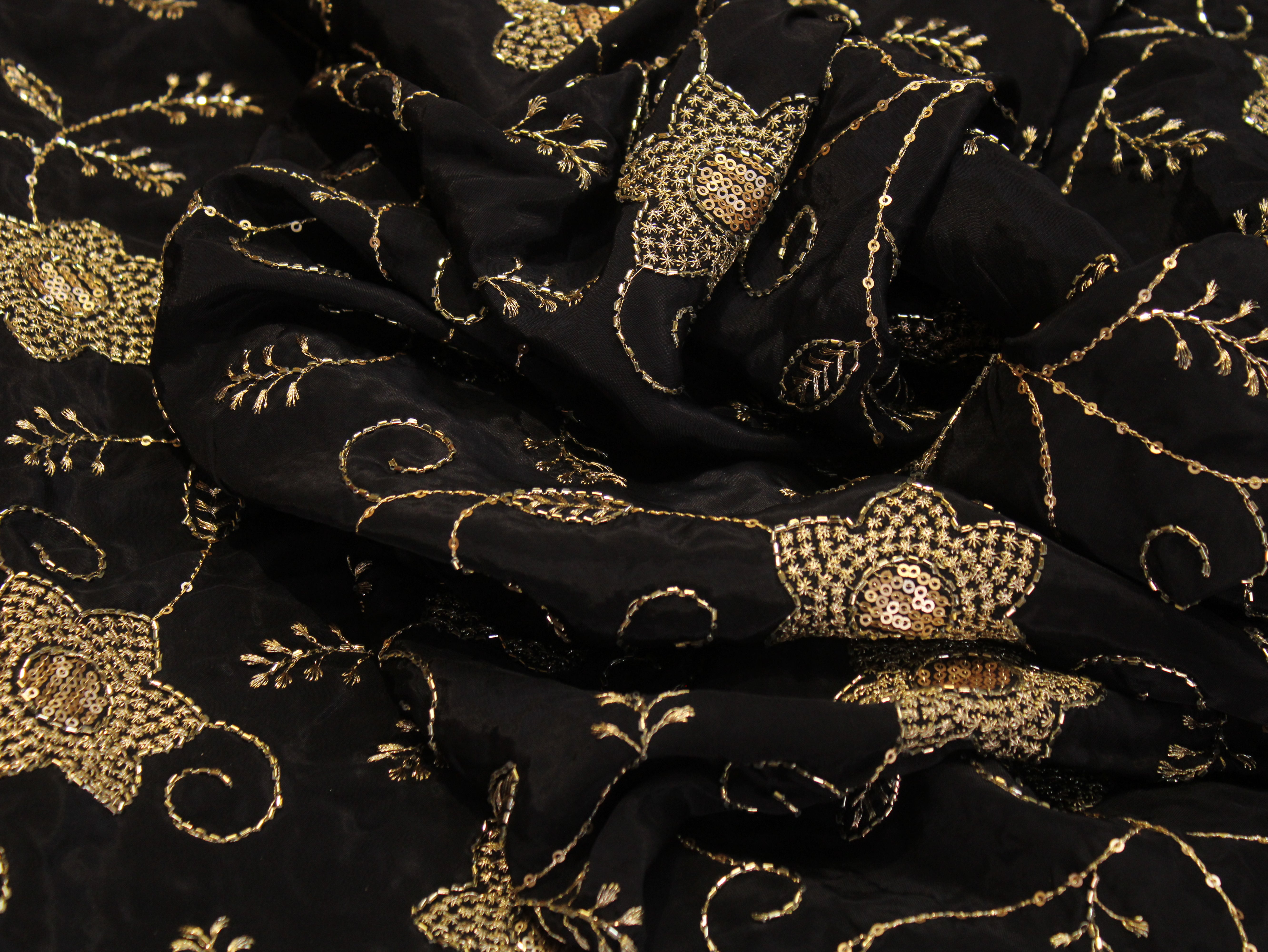Natural Crepe Fabric with Semi Beads, Zari & Sequin Floral Work - Black