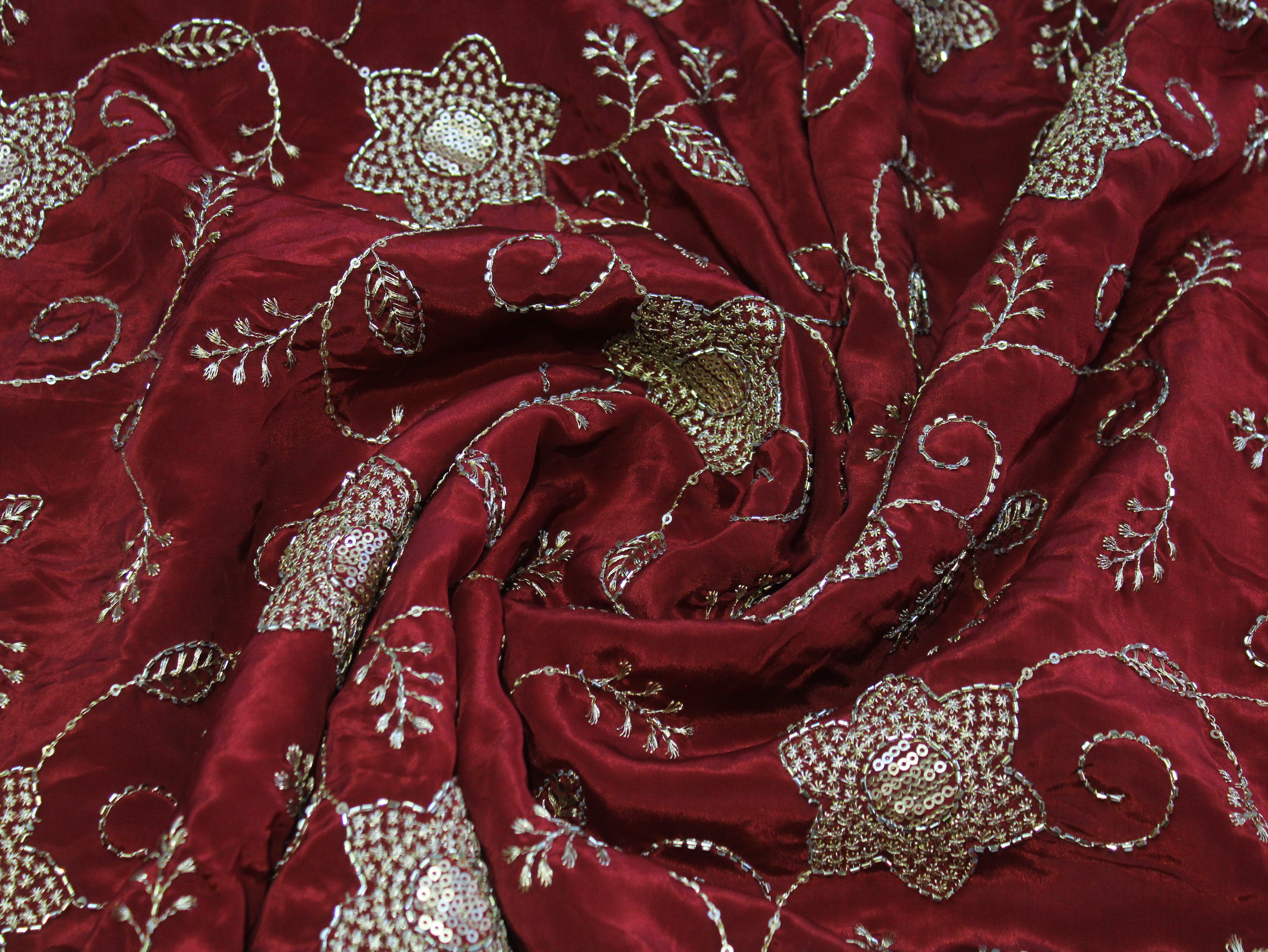 Natural Crepe Fabric with Semi Beads, Zari & Sequin Floral Work - Maroon