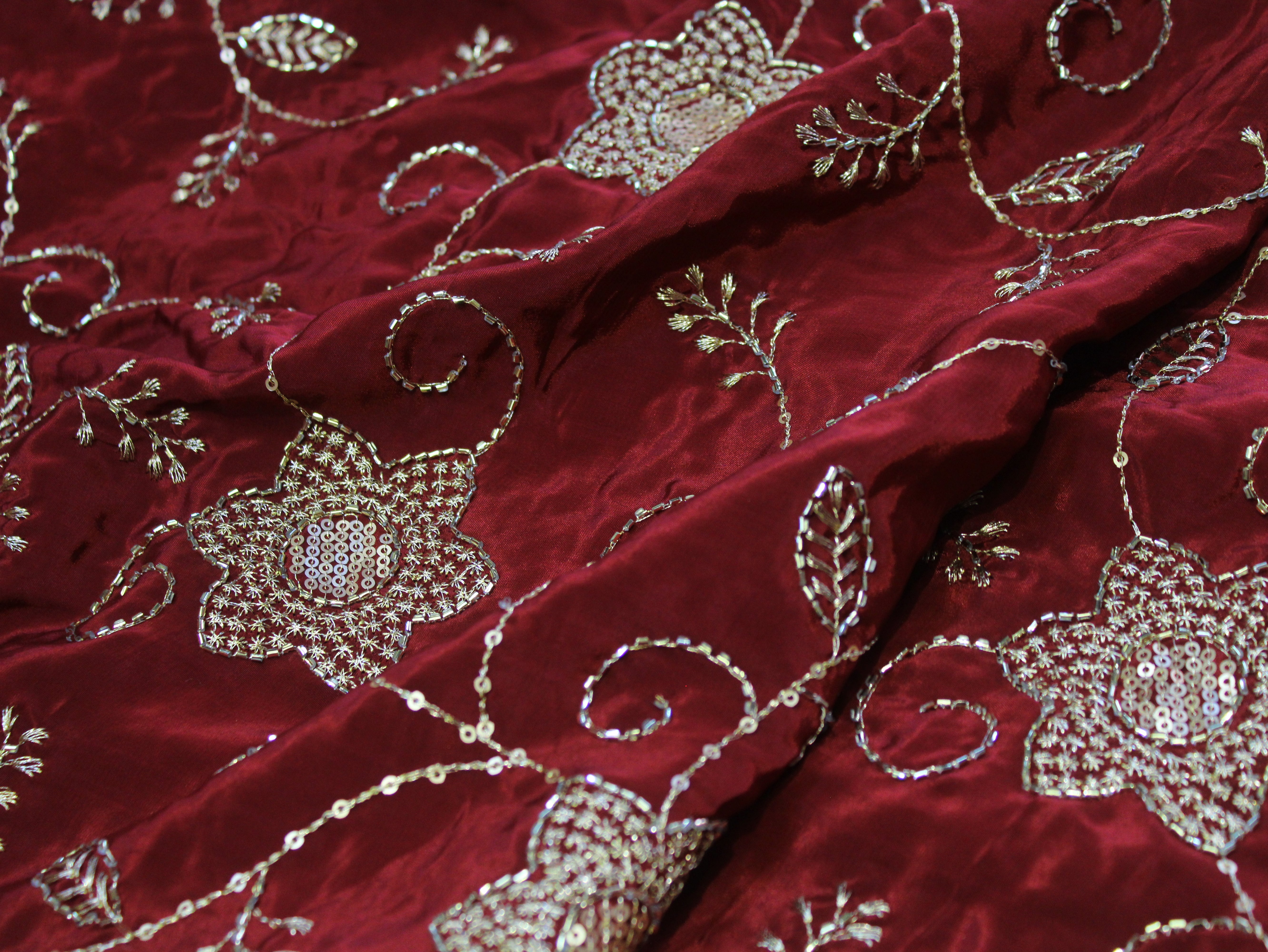 Natural Crepe Fabric with Semi Beads, Zari & Sequin Floral Work - Maroon