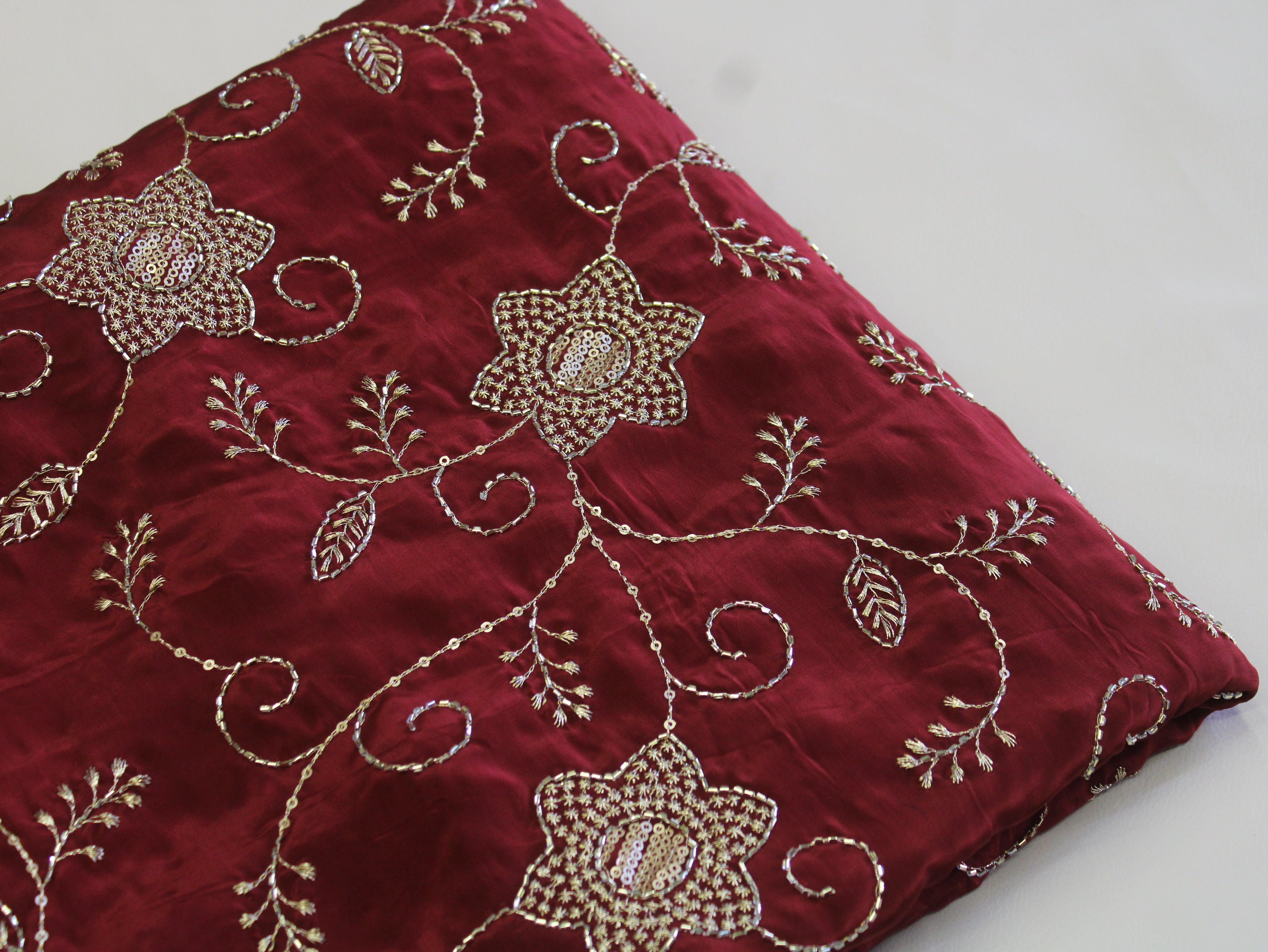 Natural Crepe Fabric with Semi Beads, Zari & Sequin Floral Work - Maroon