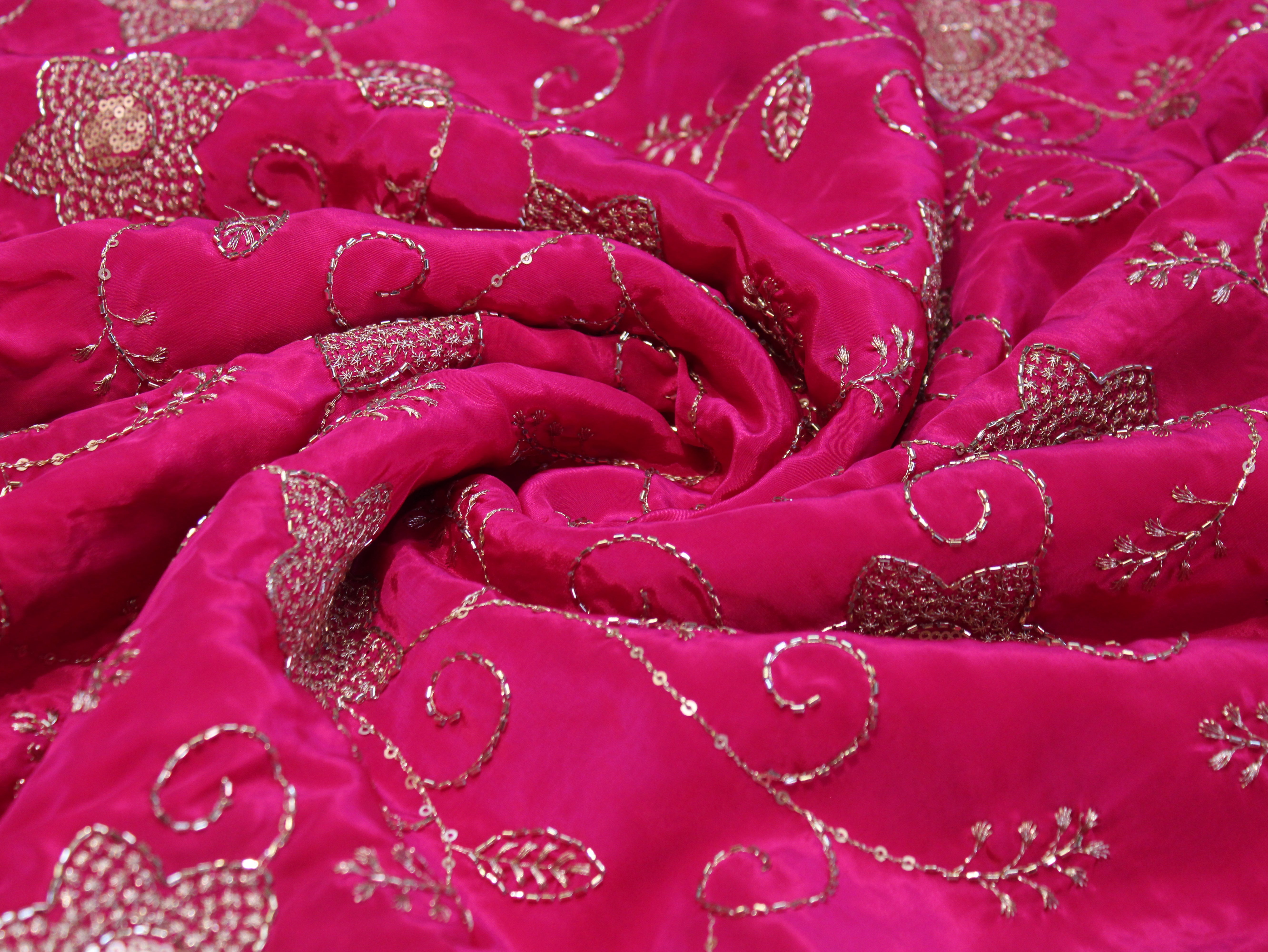 Natural Crepe Fabric with Semi Beads, Zari & Sequin Floral Work - Silk Rani