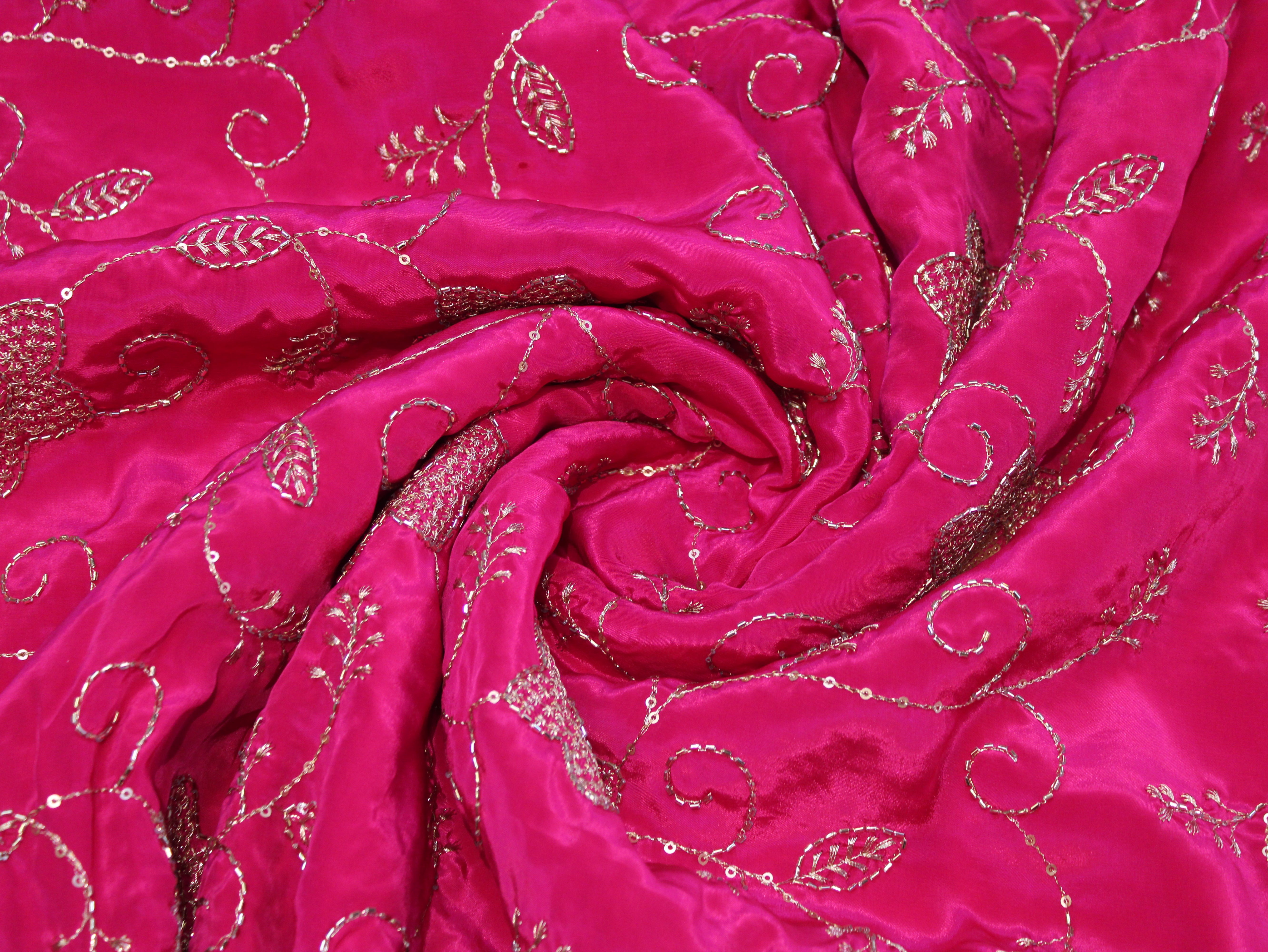 Natural Crepe Fabric with Semi Beads, Zari & Sequin Floral Work - Silk Rani