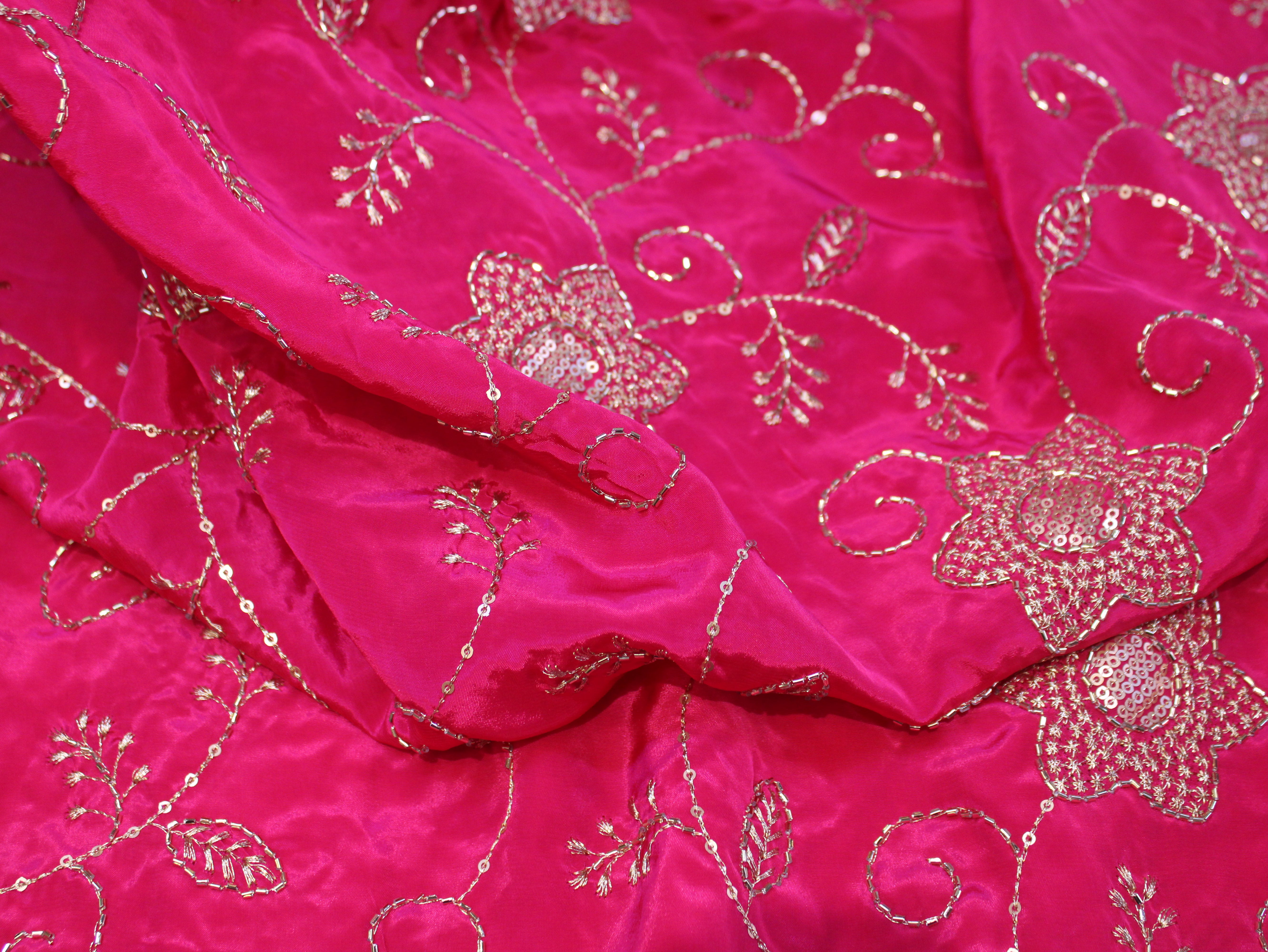 Natural Crepe Fabric with Semi Beads, Zari & Sequin Floral Work - Silk Rani