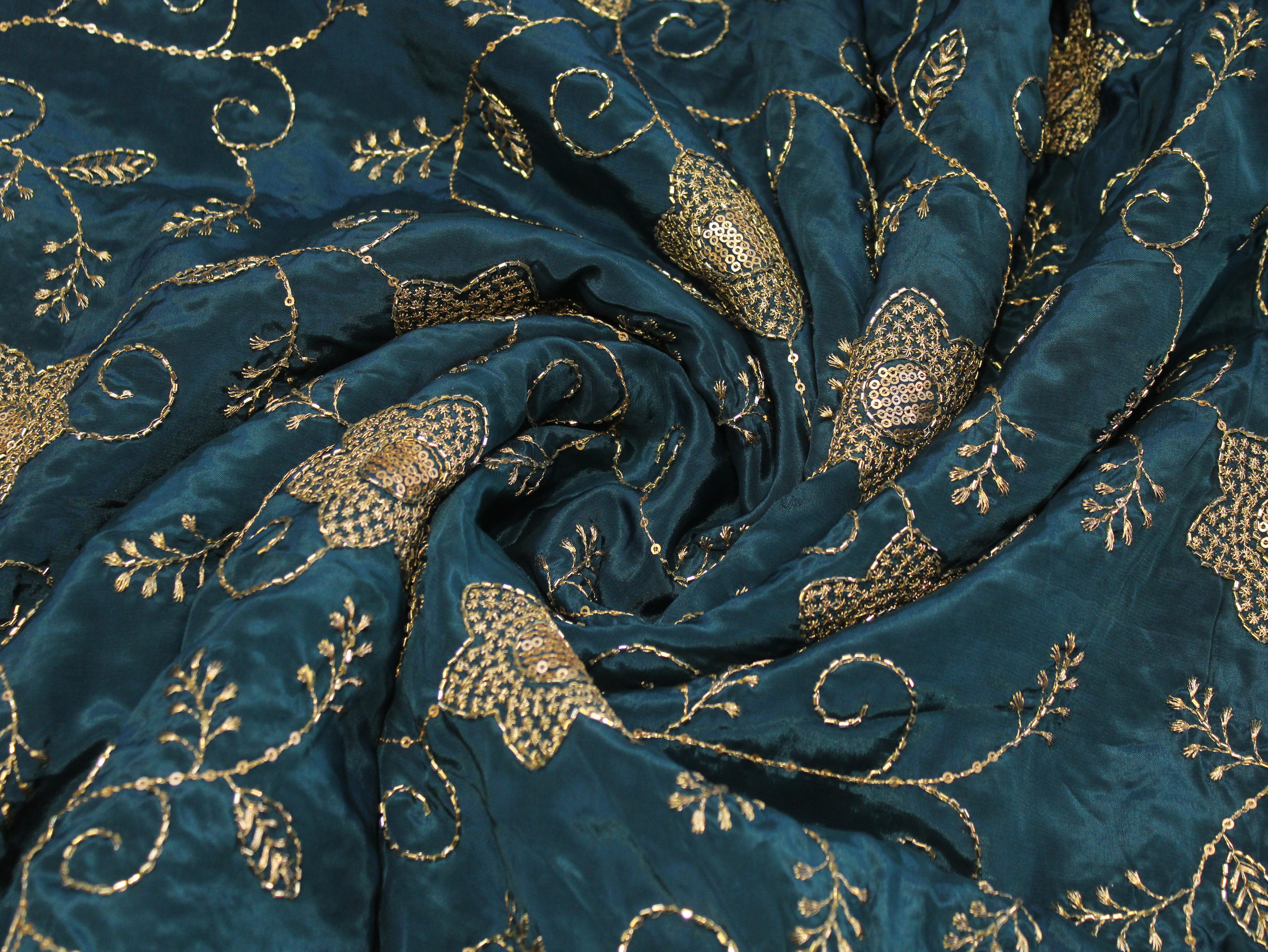 Natural Crepe Fabric with Semi Beads, Zari & Sequin Floral Work - Peacock Blue