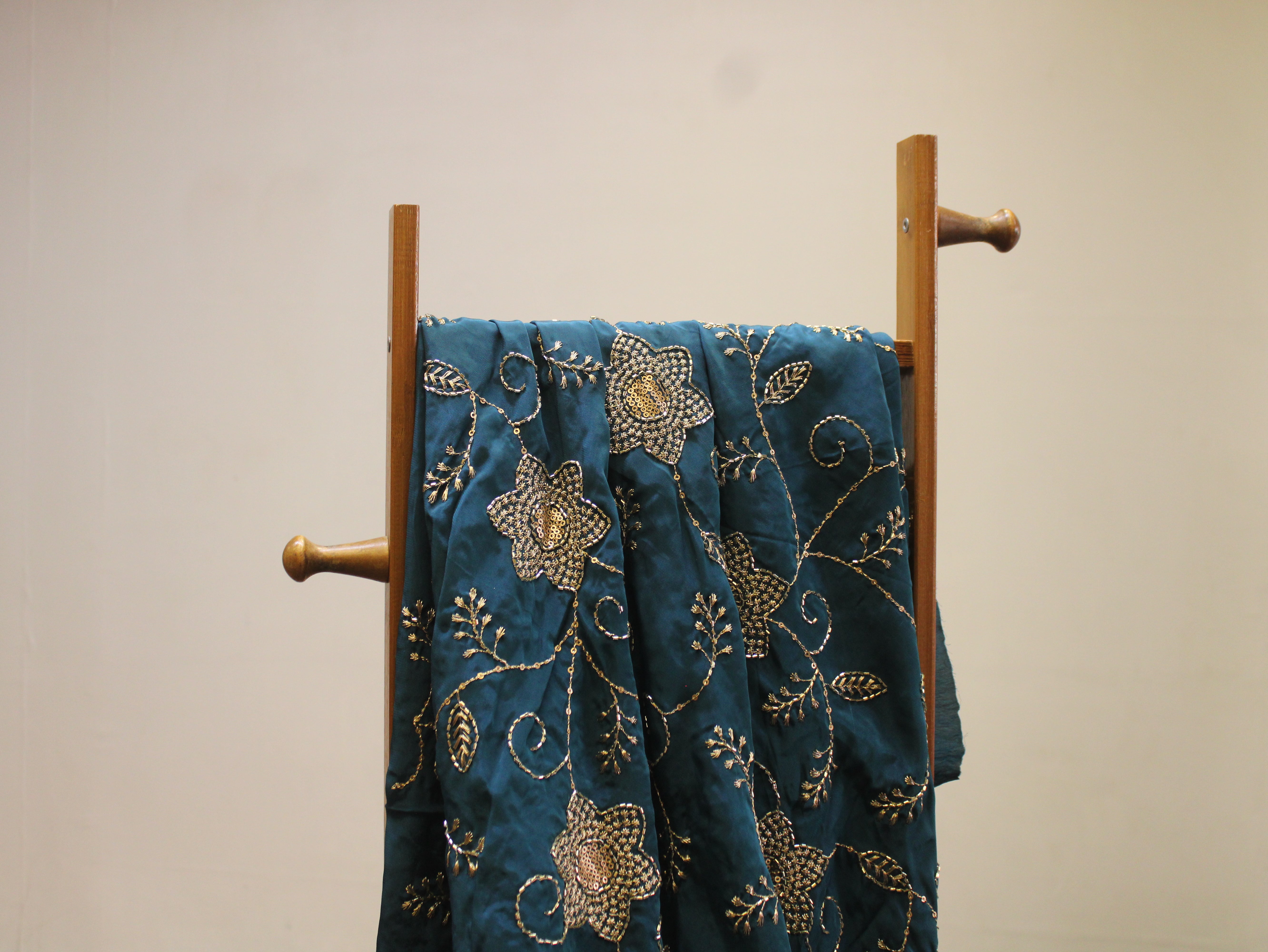 Natural Crepe Fabric with Semi Beads, Zari & Sequin Floral Work - Peacock Blue