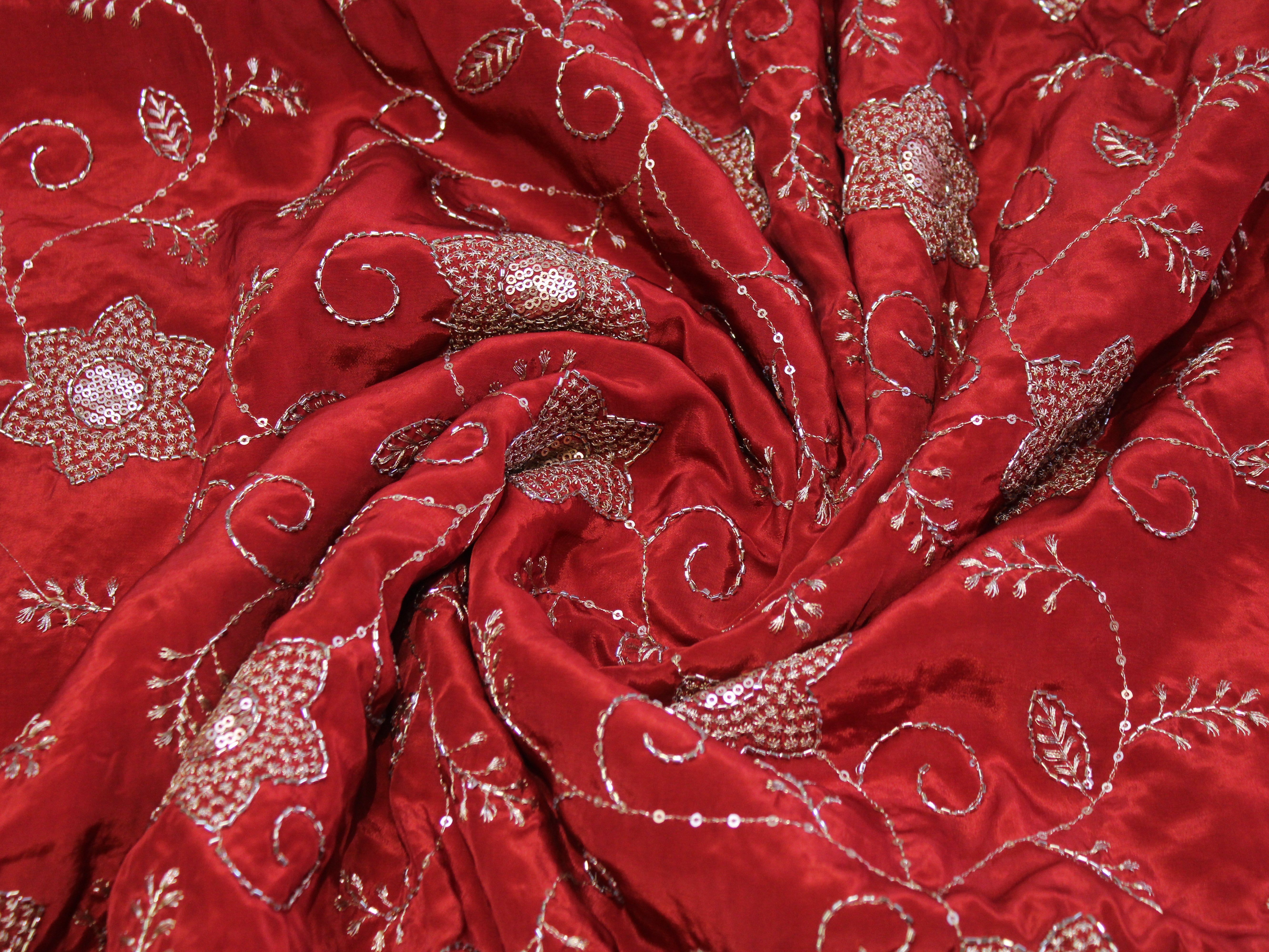 Natural Crepe Fabric with Semi Beads, Zari & Sequin Floral Work - Rust Orange