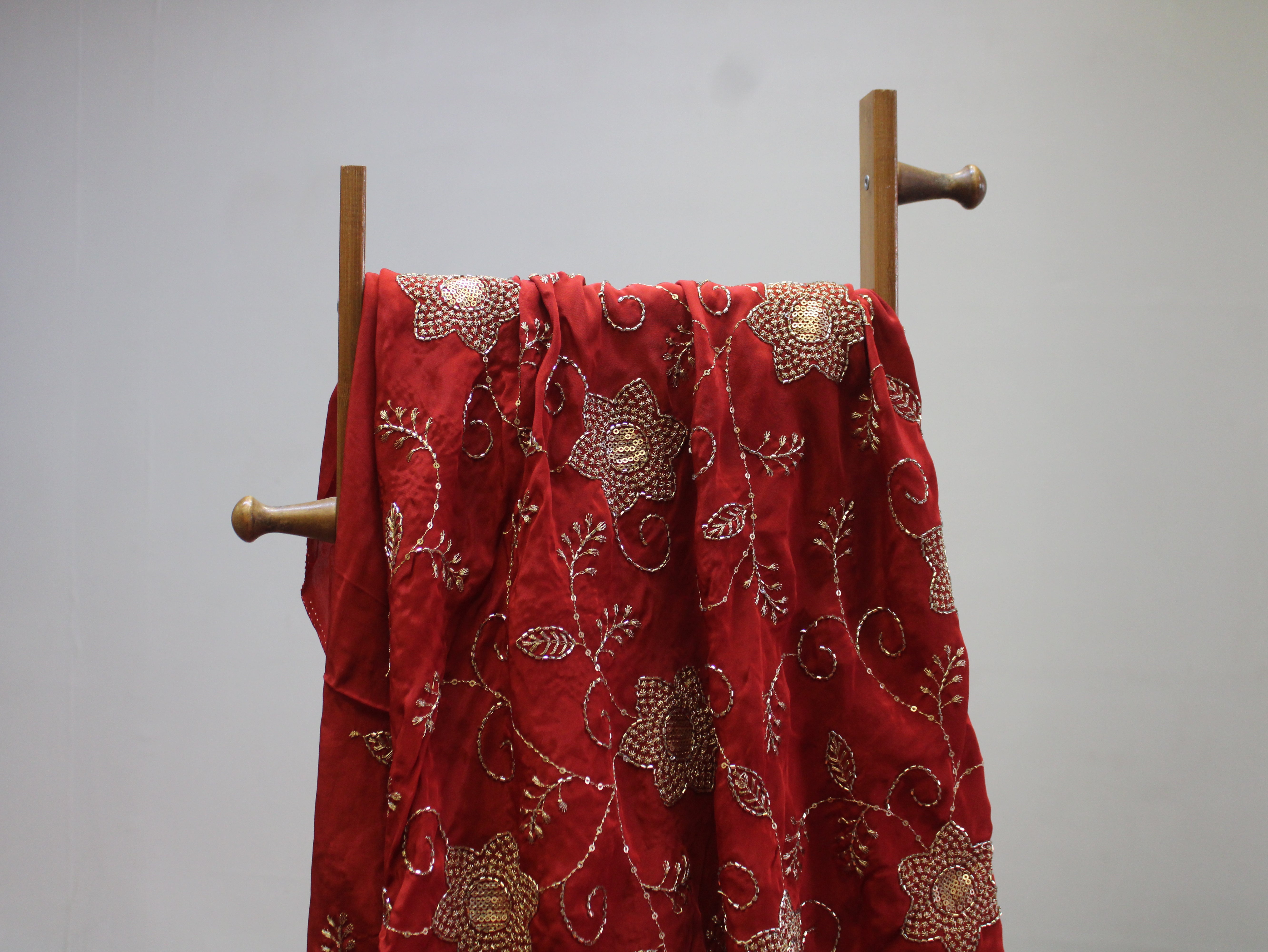 Natural Crepe Fabric with Semi Beads, Zari & Sequin Floral Work - Rust Orange