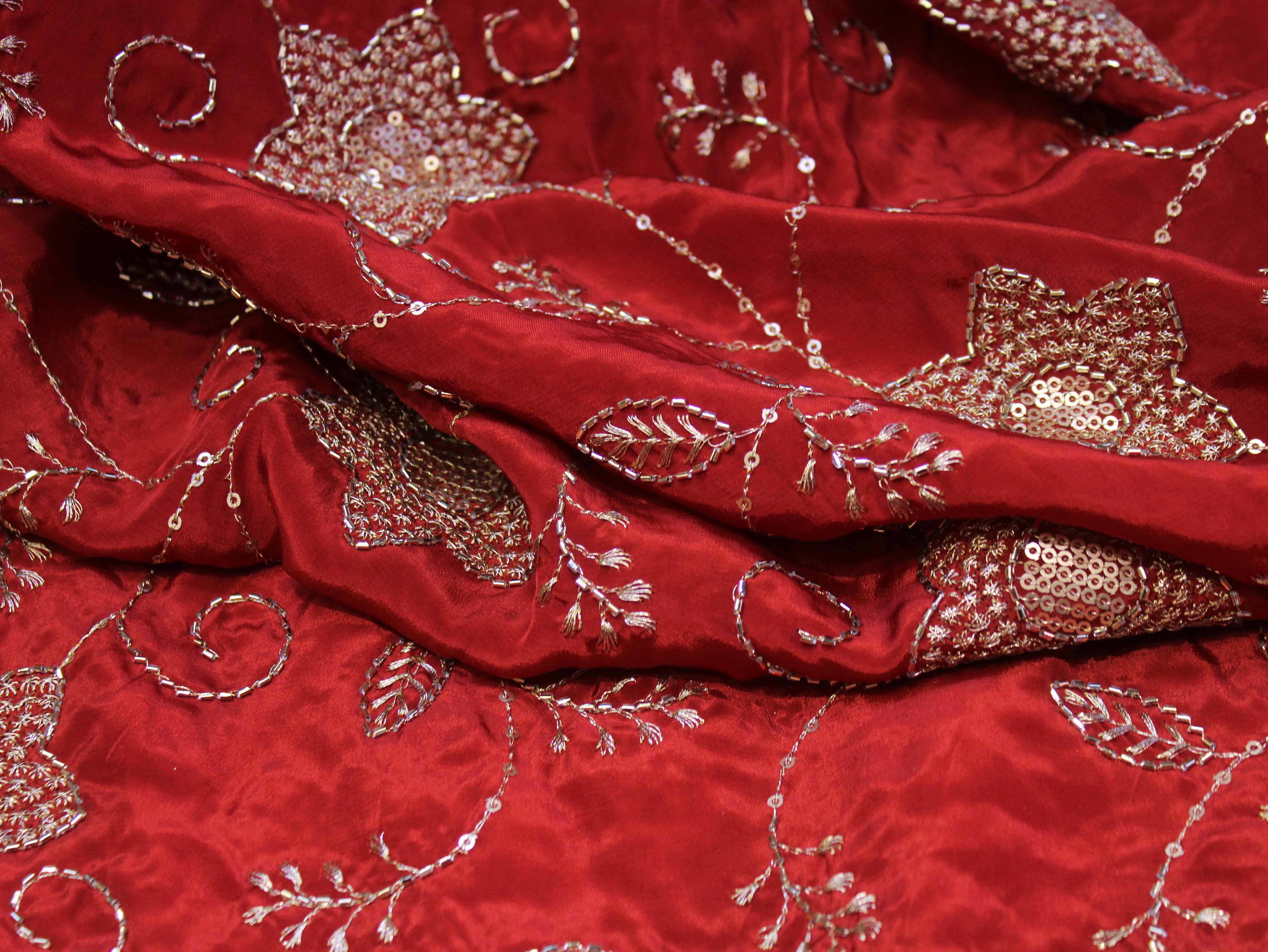 Natural Crepe Fabric with Semi Beads, Zari & Sequin Floral Work - Rust Orange