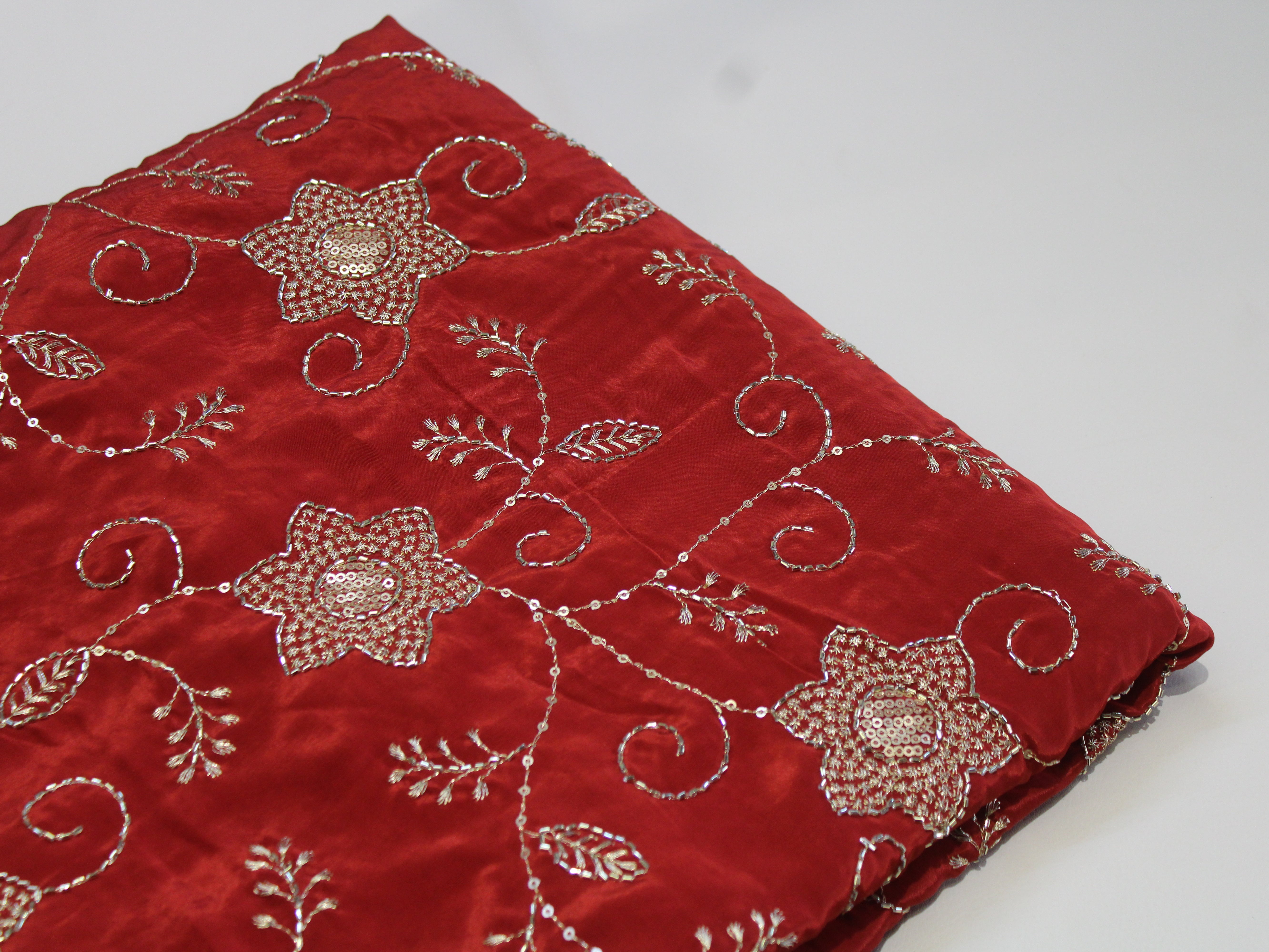 Natural Crepe Fabric with Semi Beads, Zari & Sequin Floral Work - Rust Orange