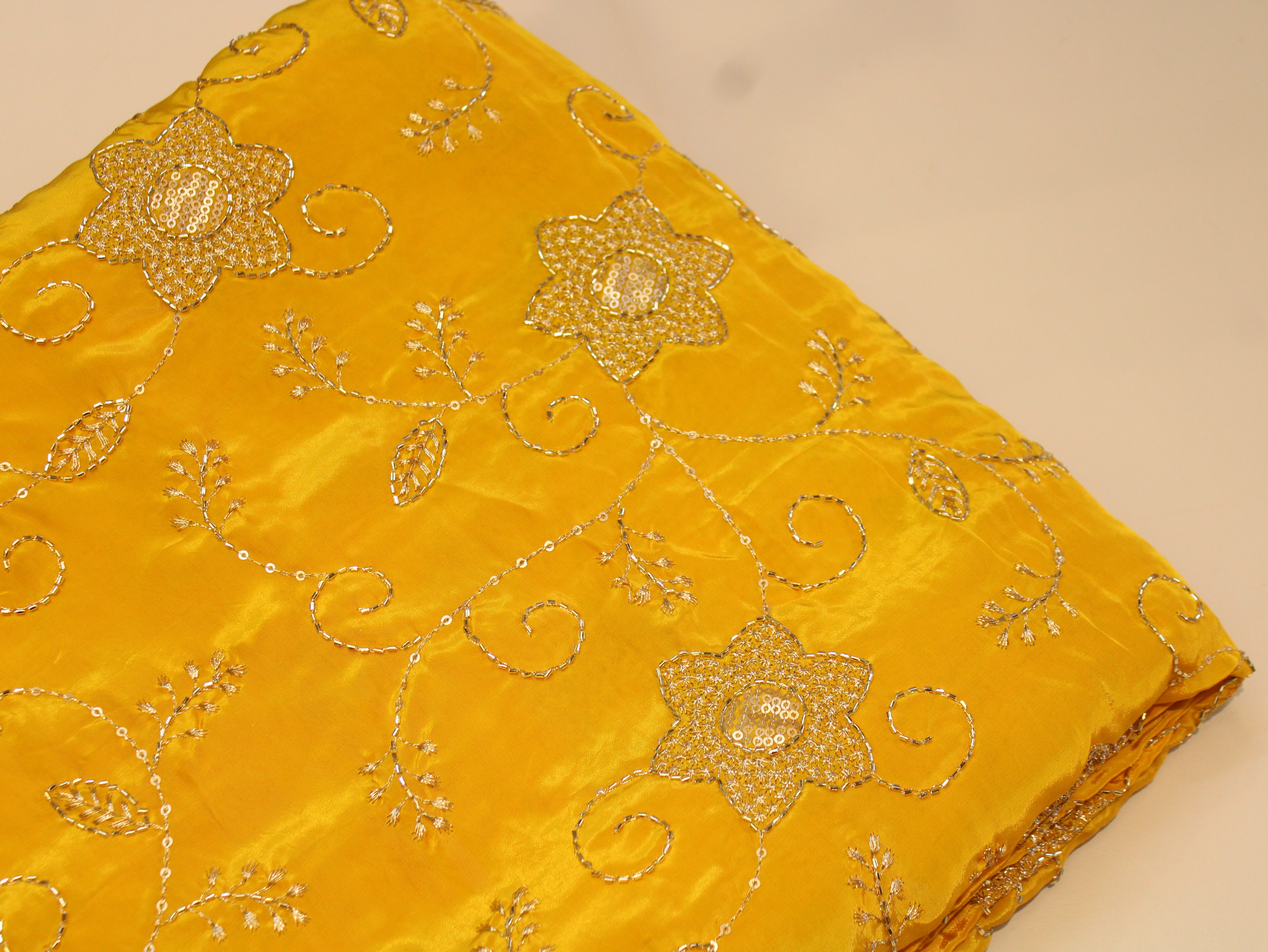 Natural Crepe Fabric with Semi Beads, Zari & Sequin Floral Work - Yellow