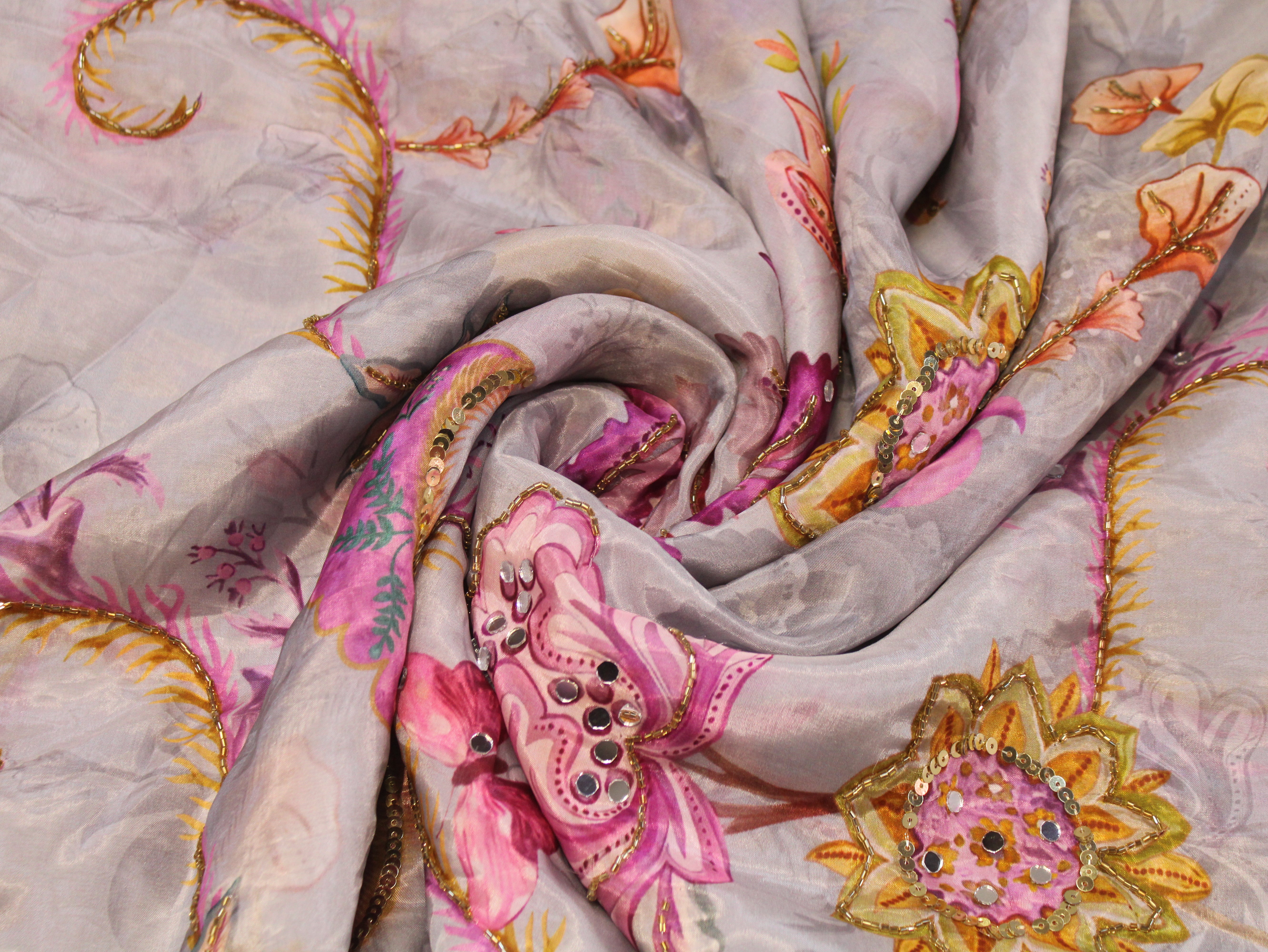 Glass Organza Digital Print Fabric with Position Beads & Mirror Work - Grey