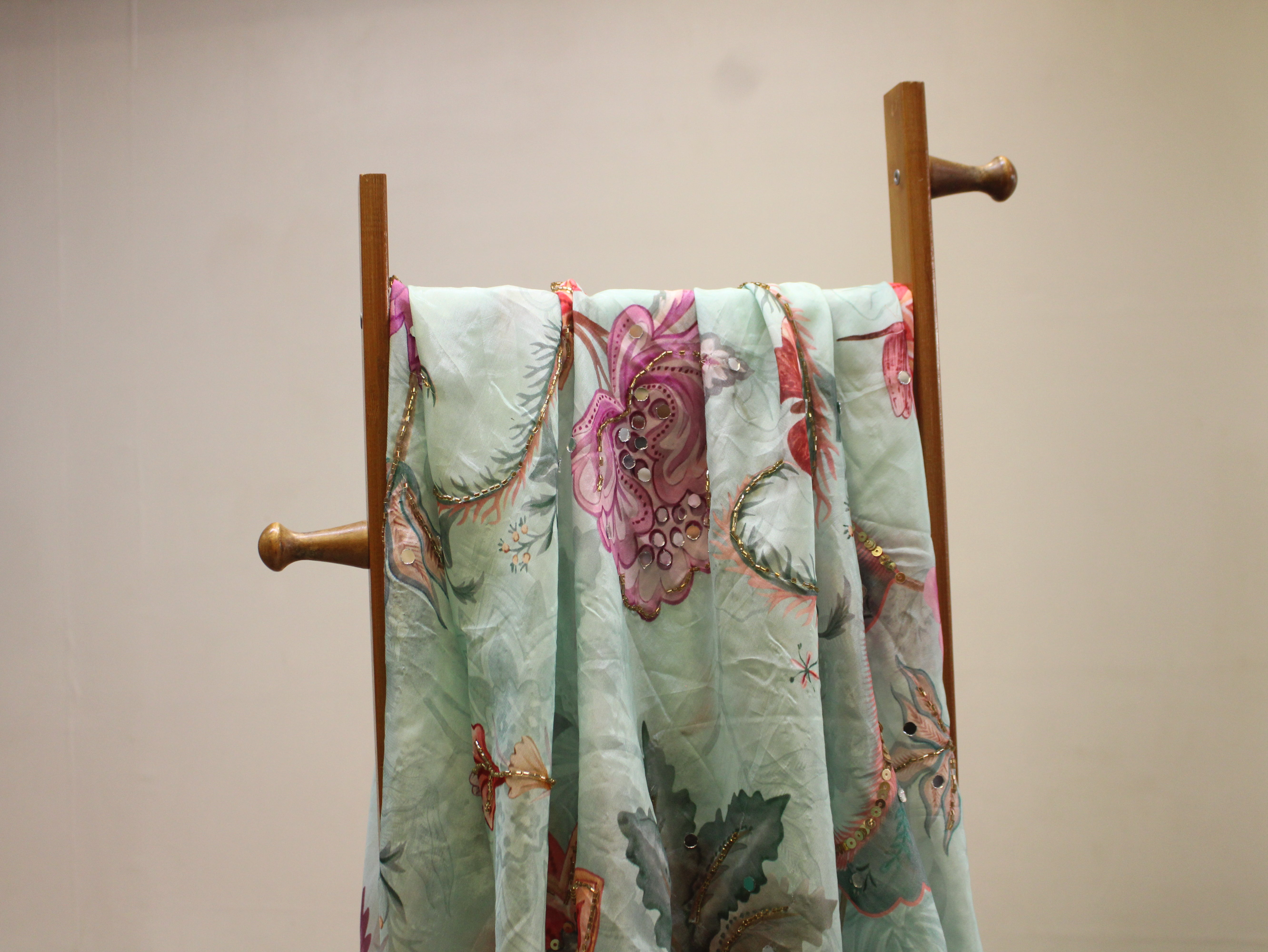 Glass Organza Digital Print Fabric with Position Beads & Mirror Work - Sea Blue