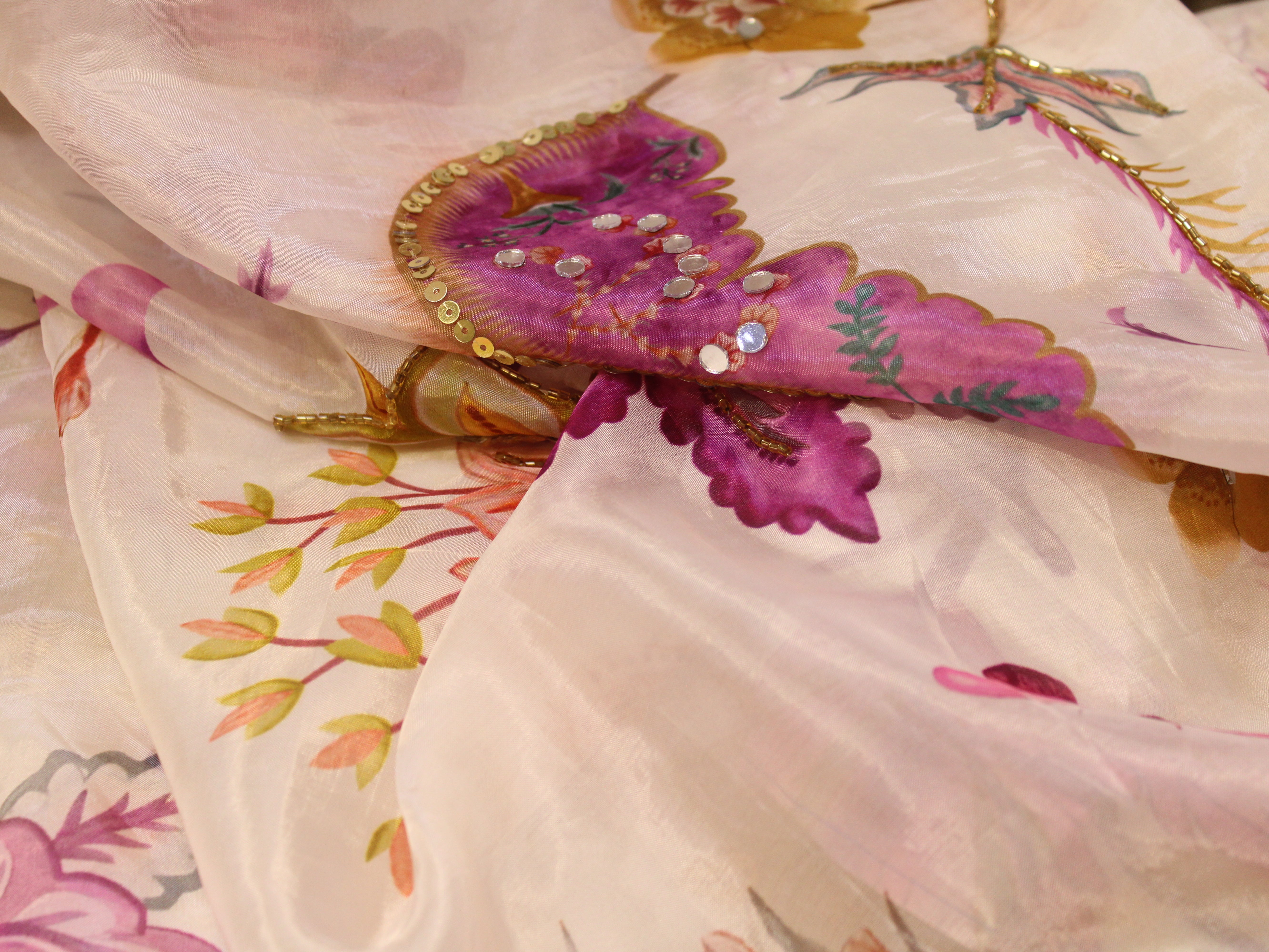 Glass Organza Digital Print Fabric with Position Beads & Mirror Work - White
