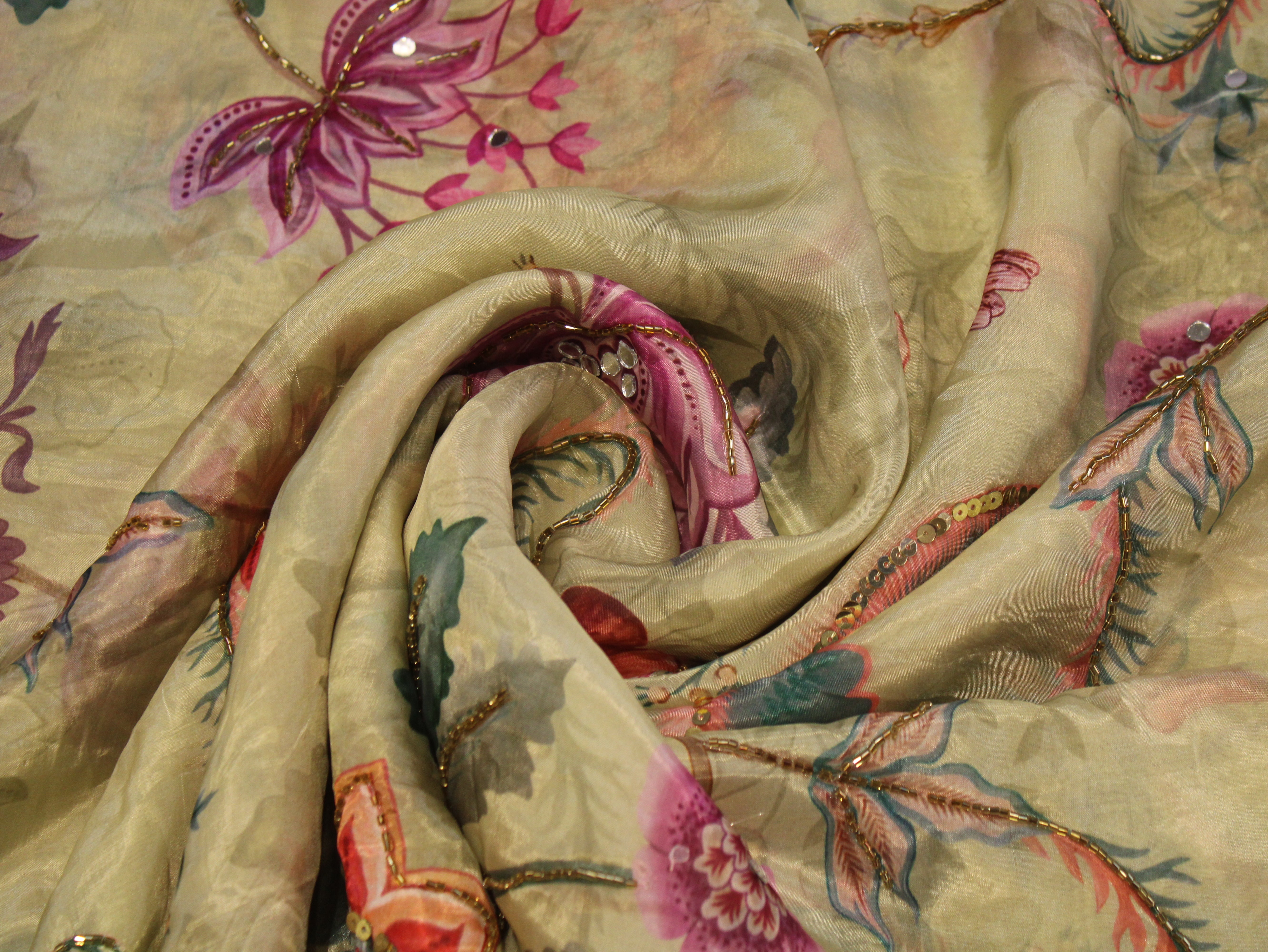 Glass Organza Digital Print Fabric with Position Beads & Mirror Work - Pista Green