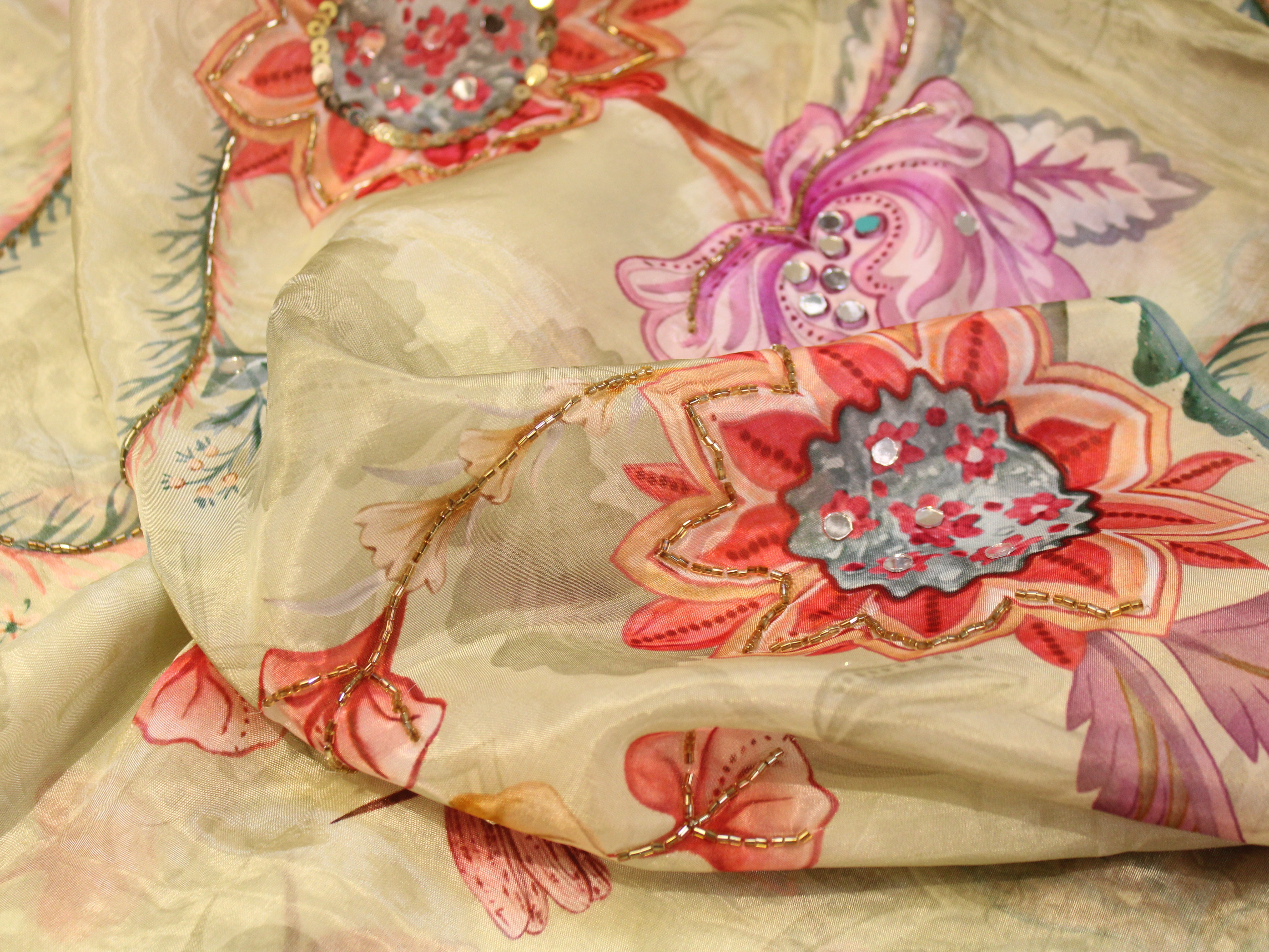 Glass Organza Digital Print Fabric with Position Beads & Mirror Work - Pista Green