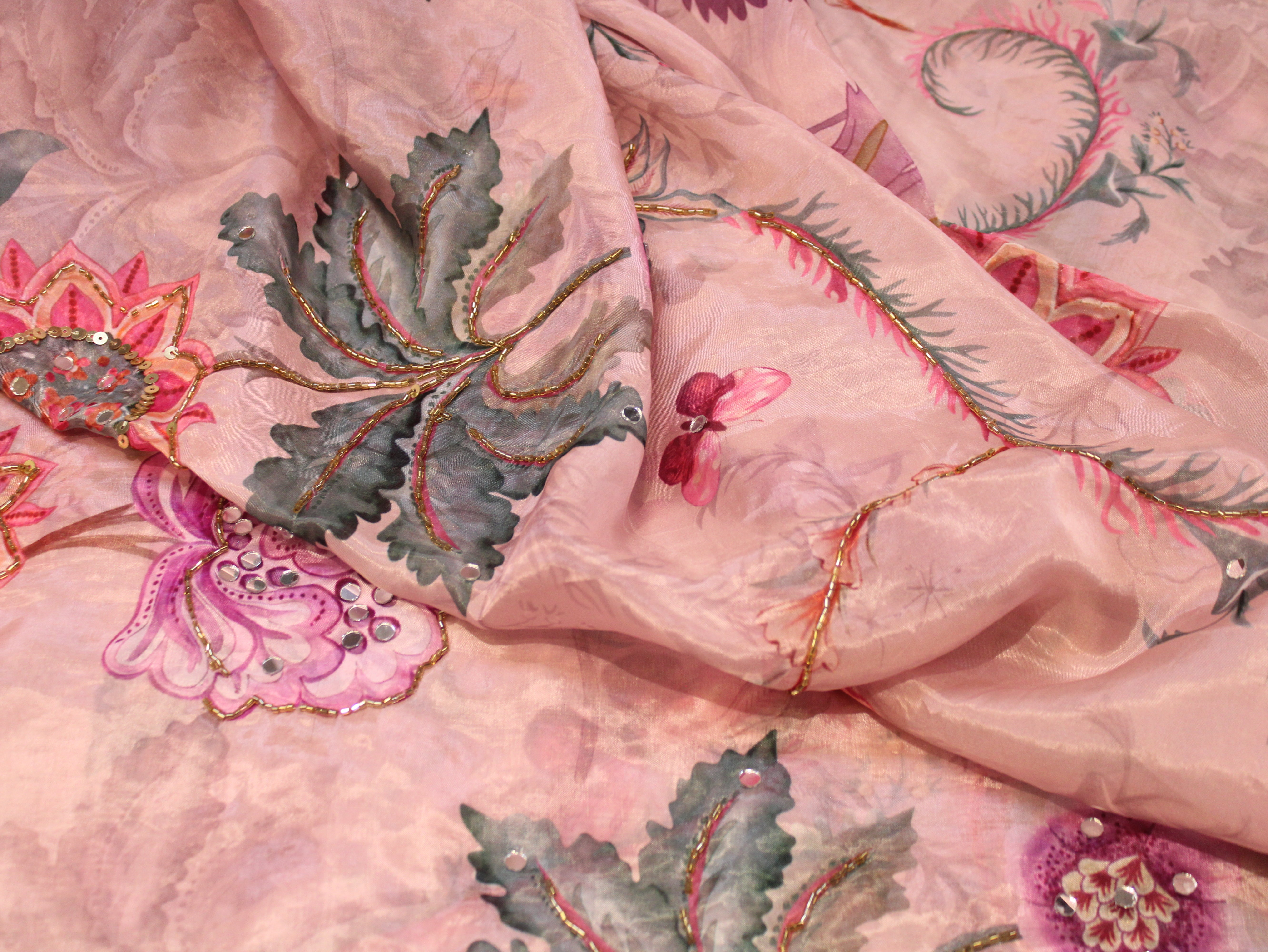 Glass Organza Digital Print Fabric with Position Beads & Mirror Work - Onion