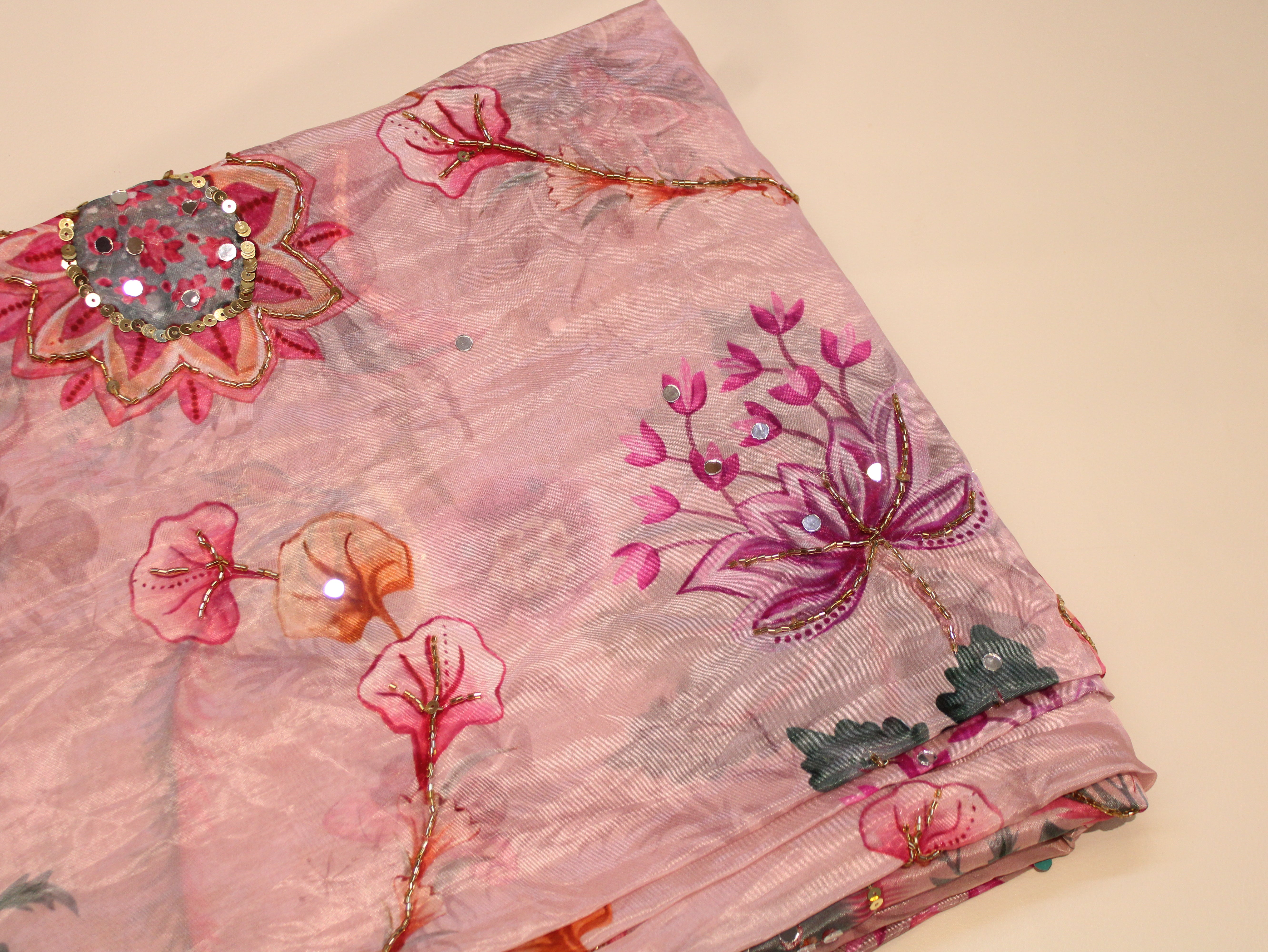Glass Organza Digital Print Fabric with Position Beads & Mirror Work - Onion