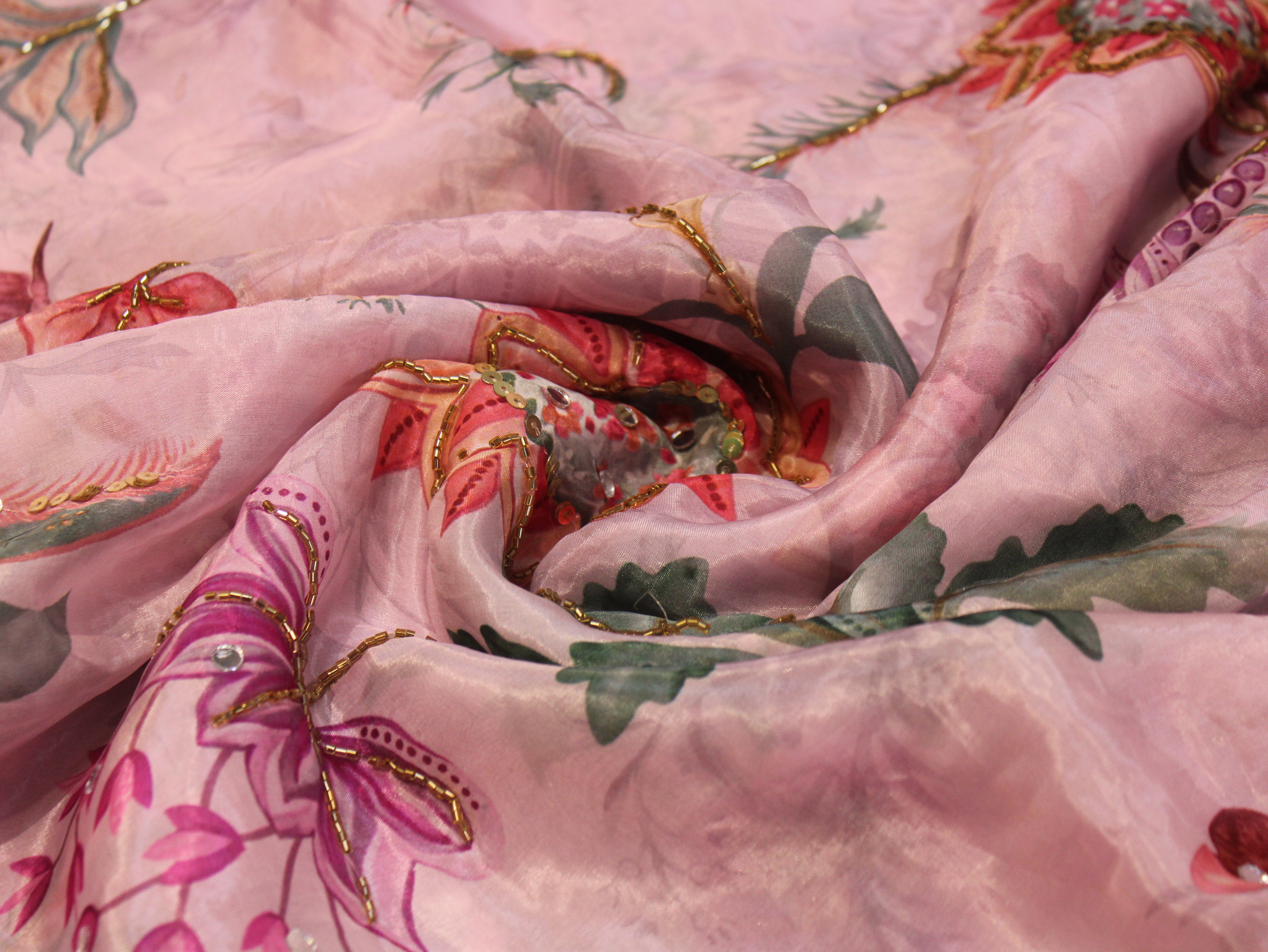 Glass Organza Digital Print Fabric with Position Beads & Mirror Work - Light Pink