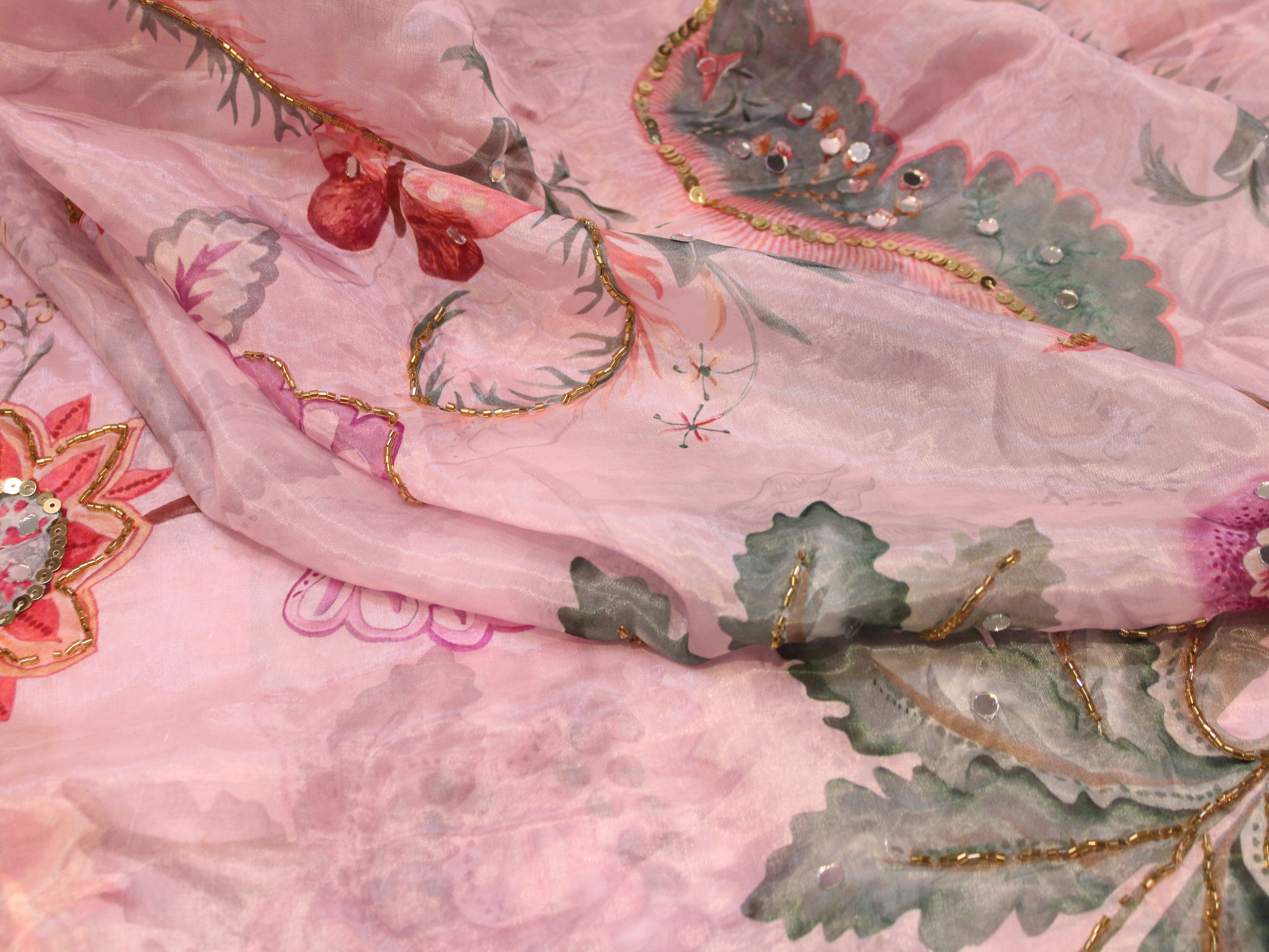 Glass Organza Digital Print Fabric with Position Beads & Mirror Work - Light Pink