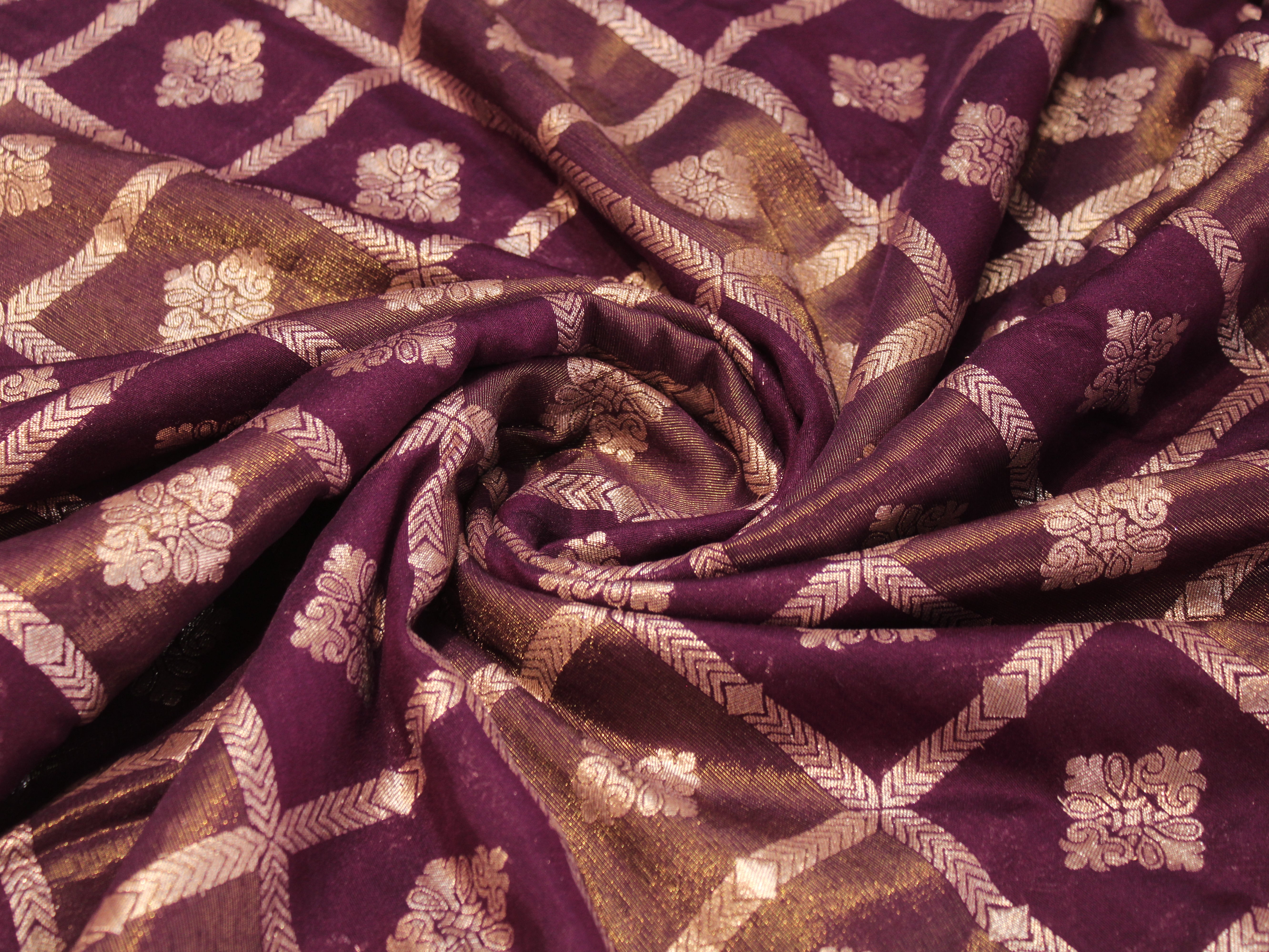Dola Silk Checked Jacquard Banarasi Fabric | 44 Inch | Wine