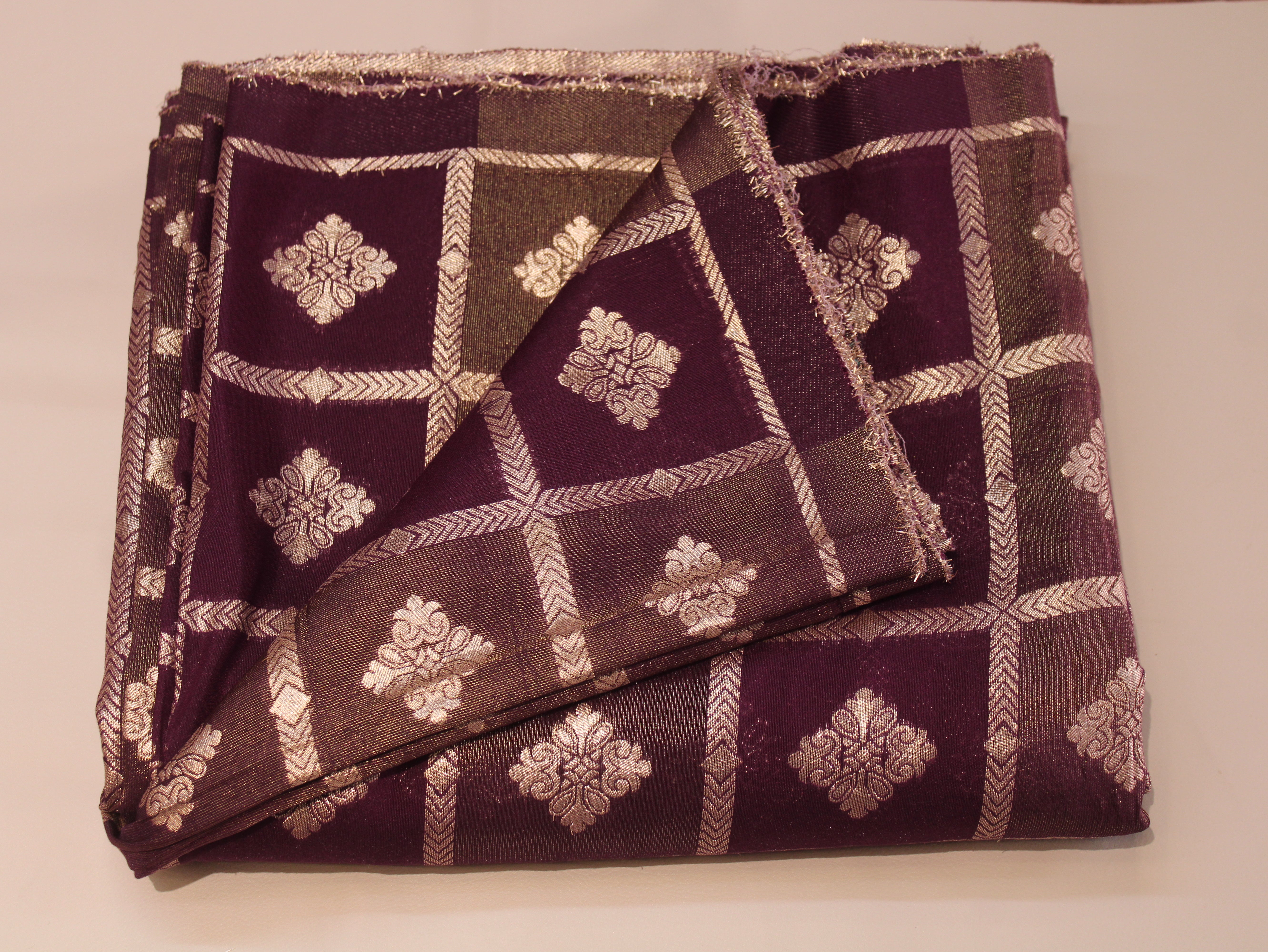 Dola Silk Checked Jacquard Banarasi Fabric | 44 Inch | Wine