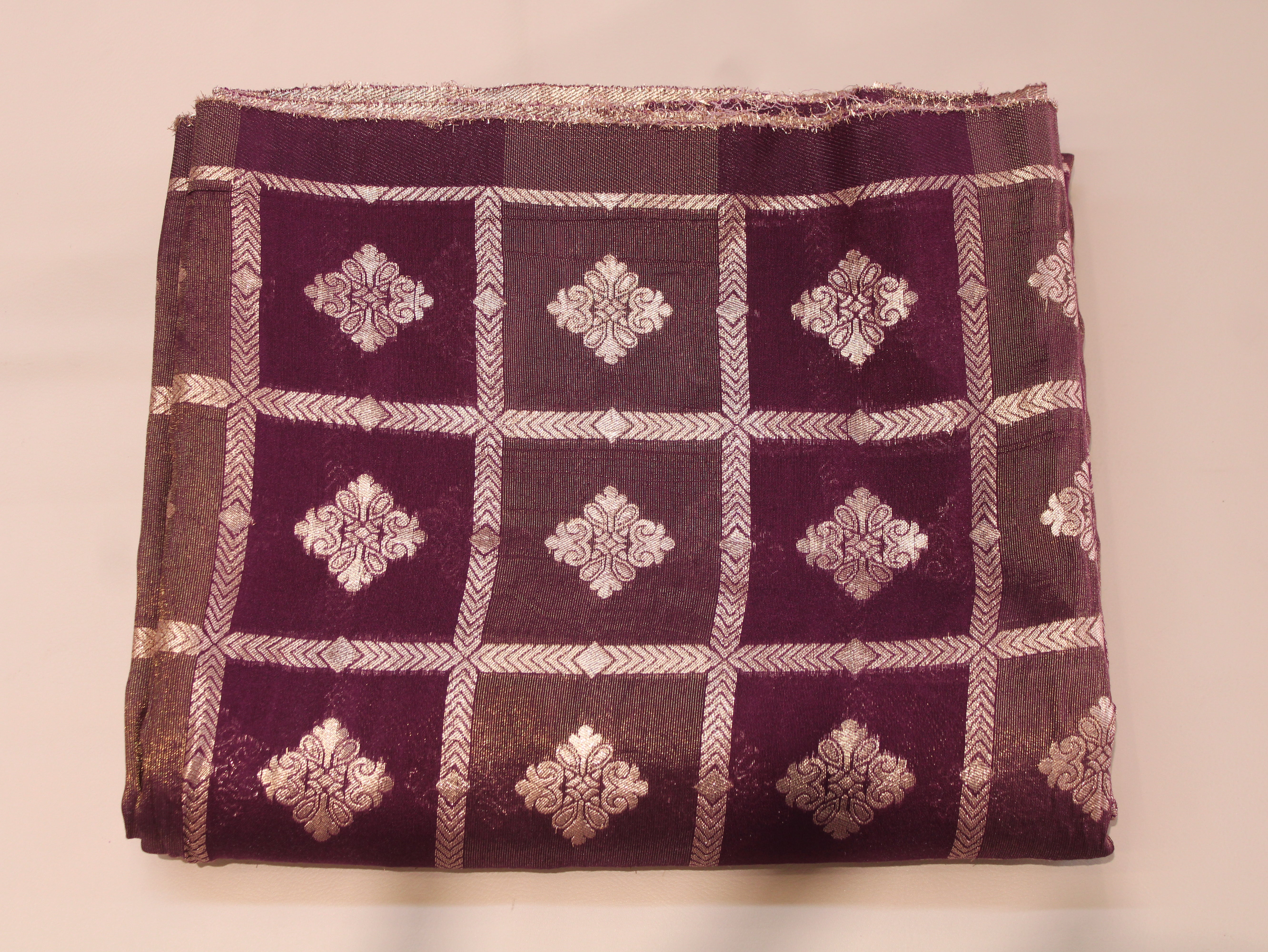 Dola Silk Checked Jacquard Banarasi Fabric | 44 Inch | Wine