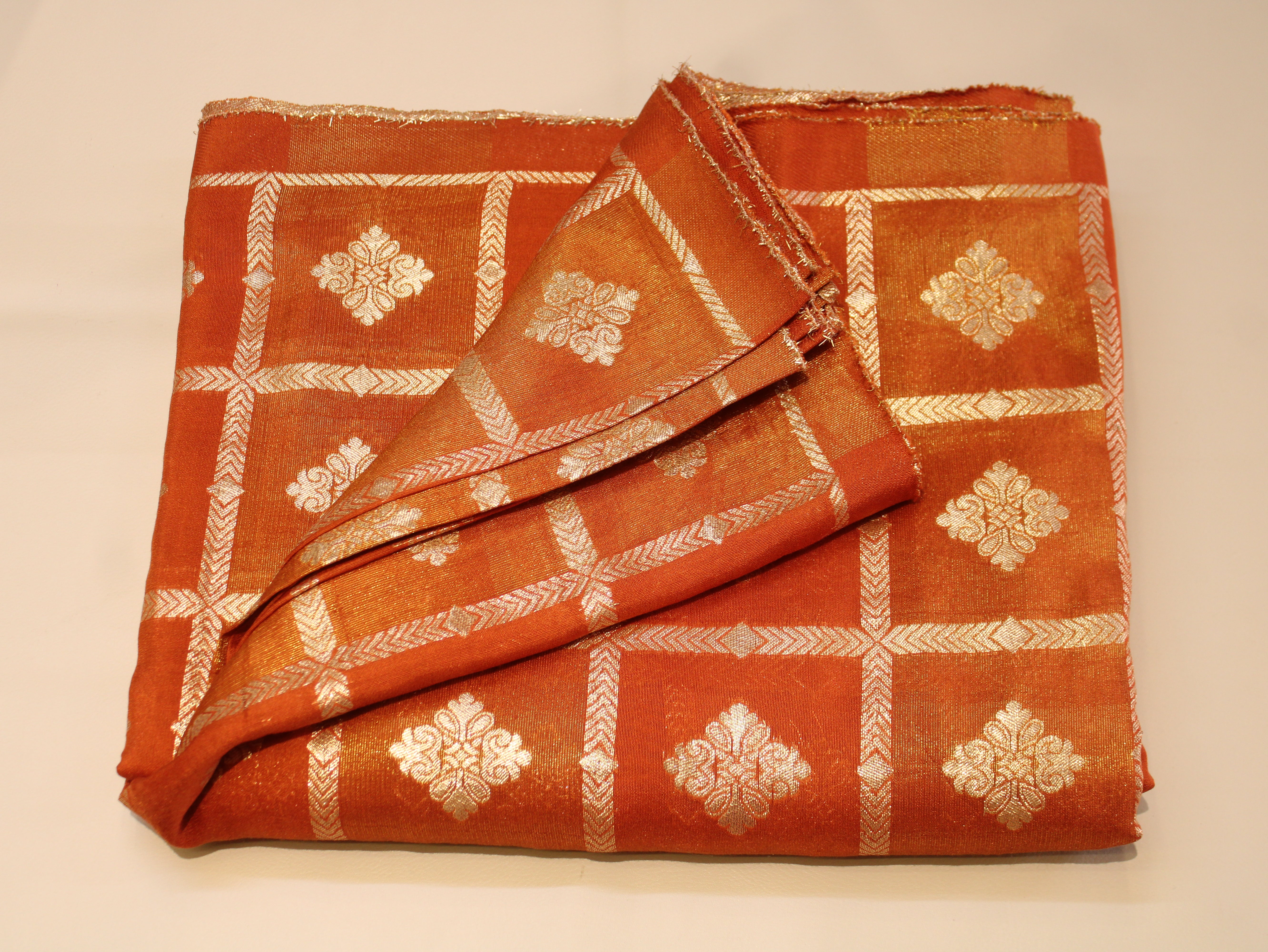 Dola Silk Checked Jacquard Banarasi Fabric | 44 Inch | Orange