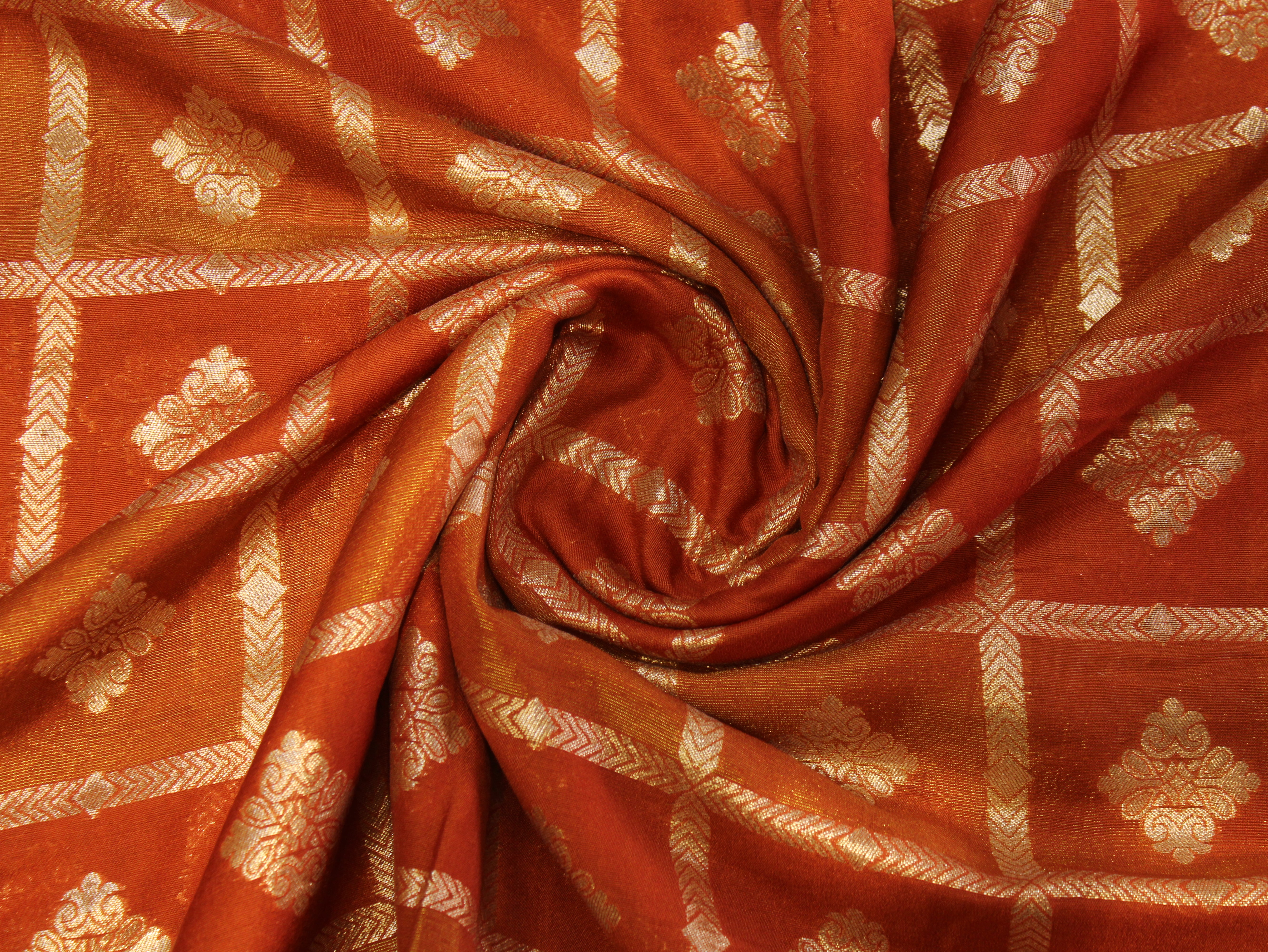 Dola Silk Checked Jacquard Banarasi Fabric | 44 Inch | Orange